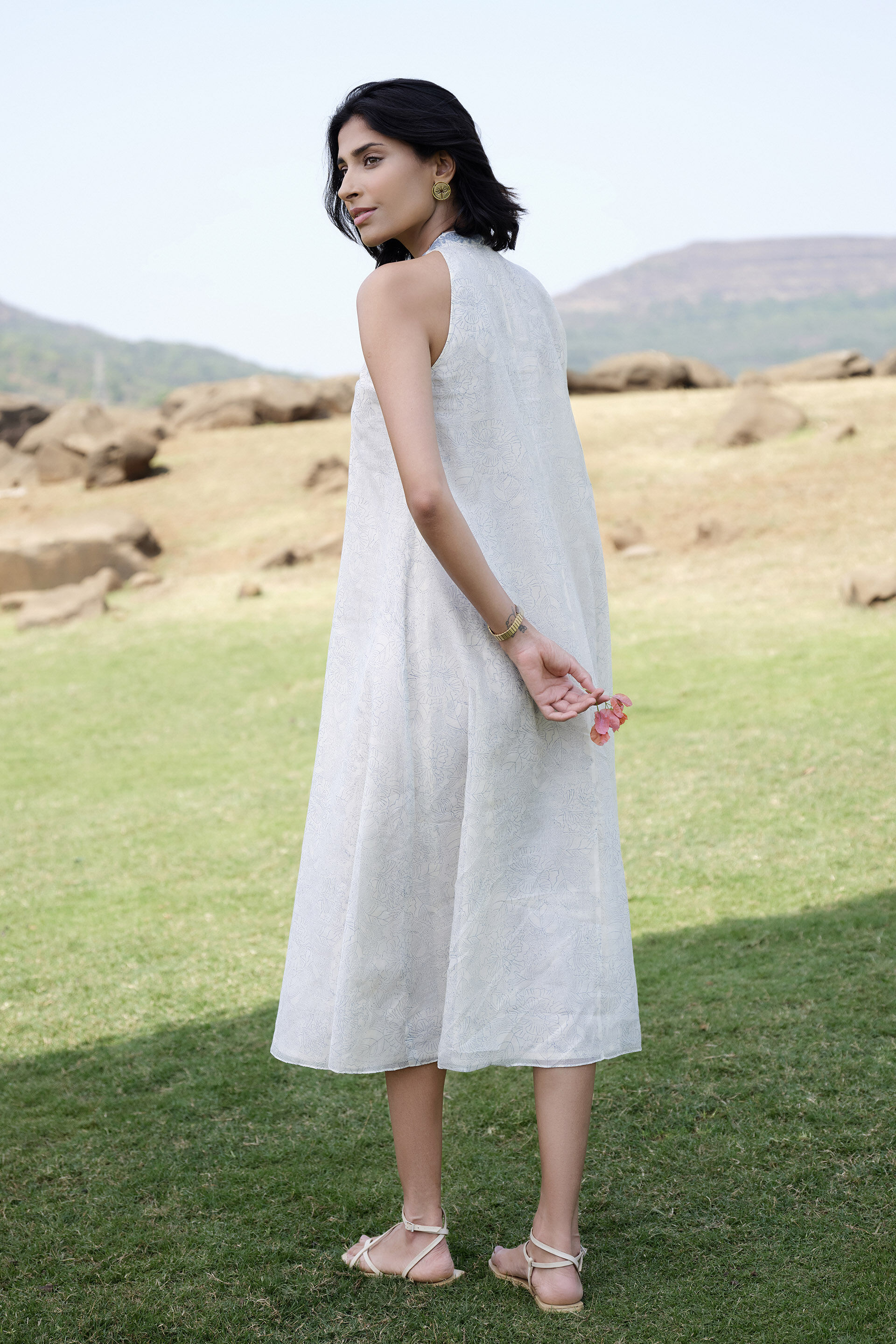 Aves Hand-block Printed Mul Dress - Blue