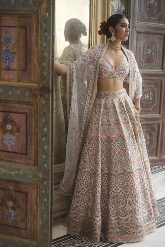 Tridha Embroidered Zardozi Silk Lehenga Set - Cream, Cream, image 1