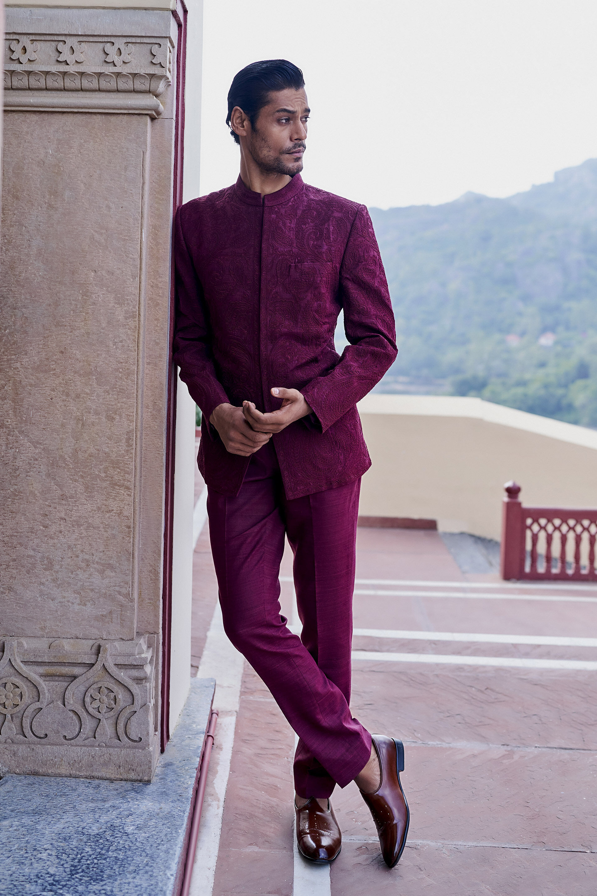 Heartfelt Embroidered Cord Silk Bandhgala - Wine