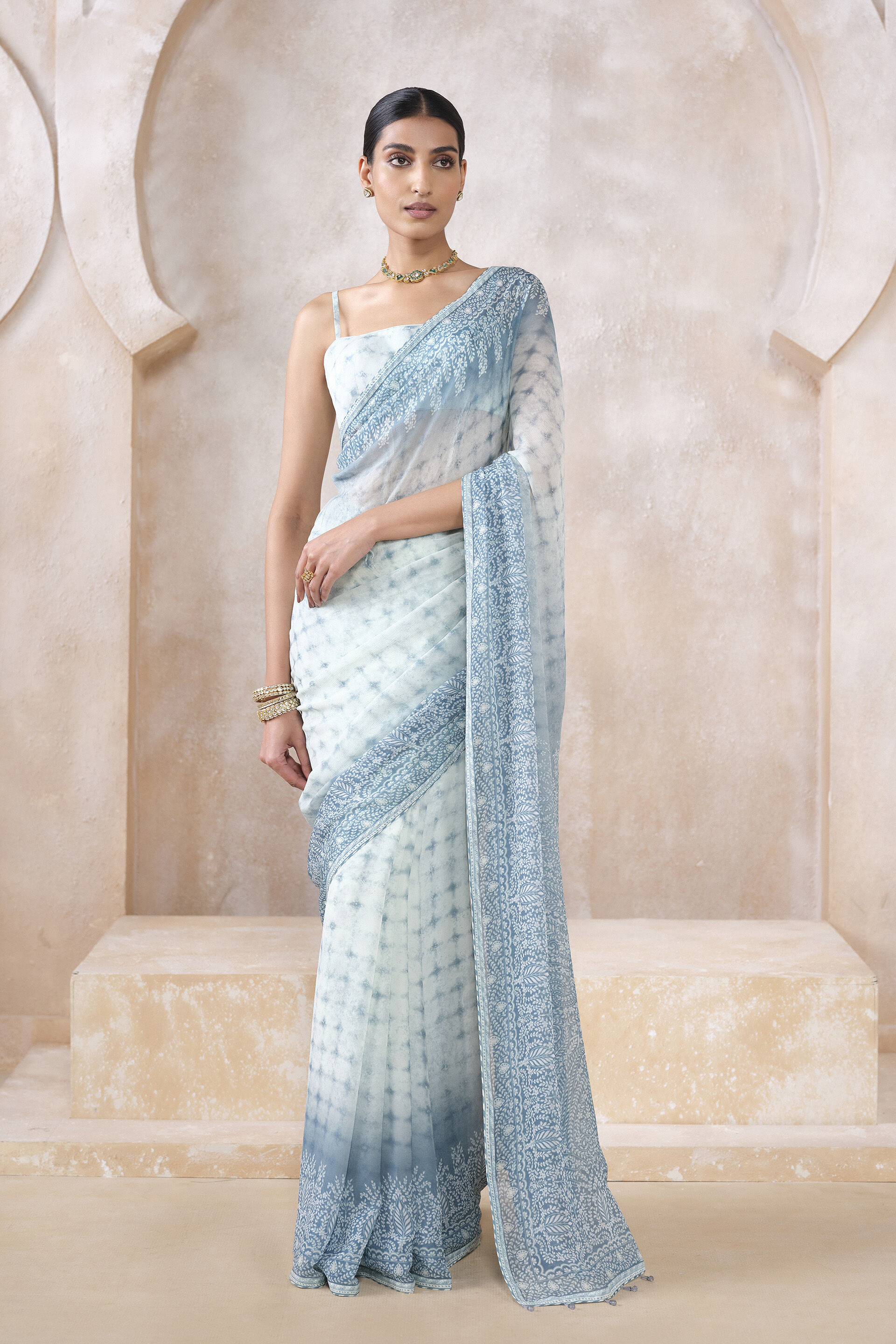 Midori Sequin Chiffon Saree - White