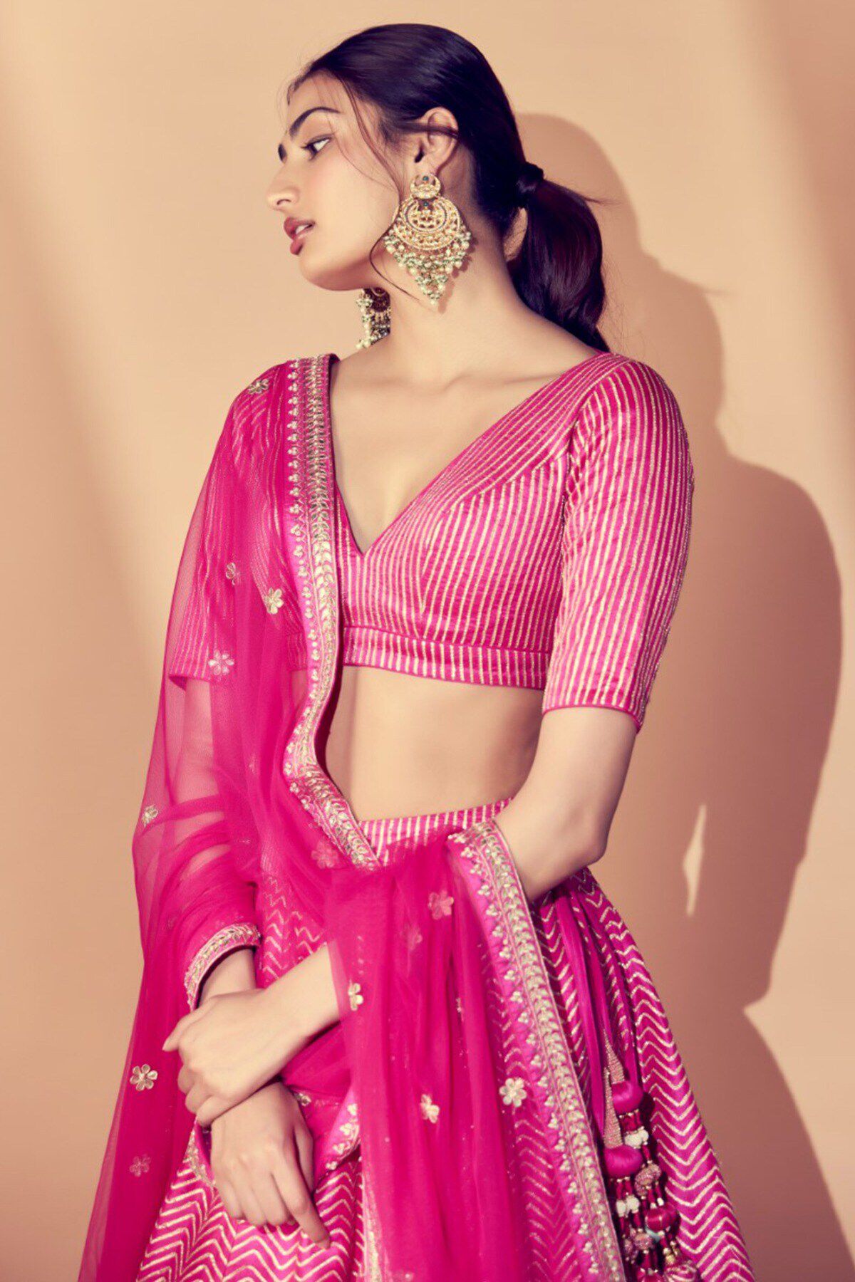 Buy Fuschia Pink Lehenga And Hand Embroidered Blouse Set In Crepe
