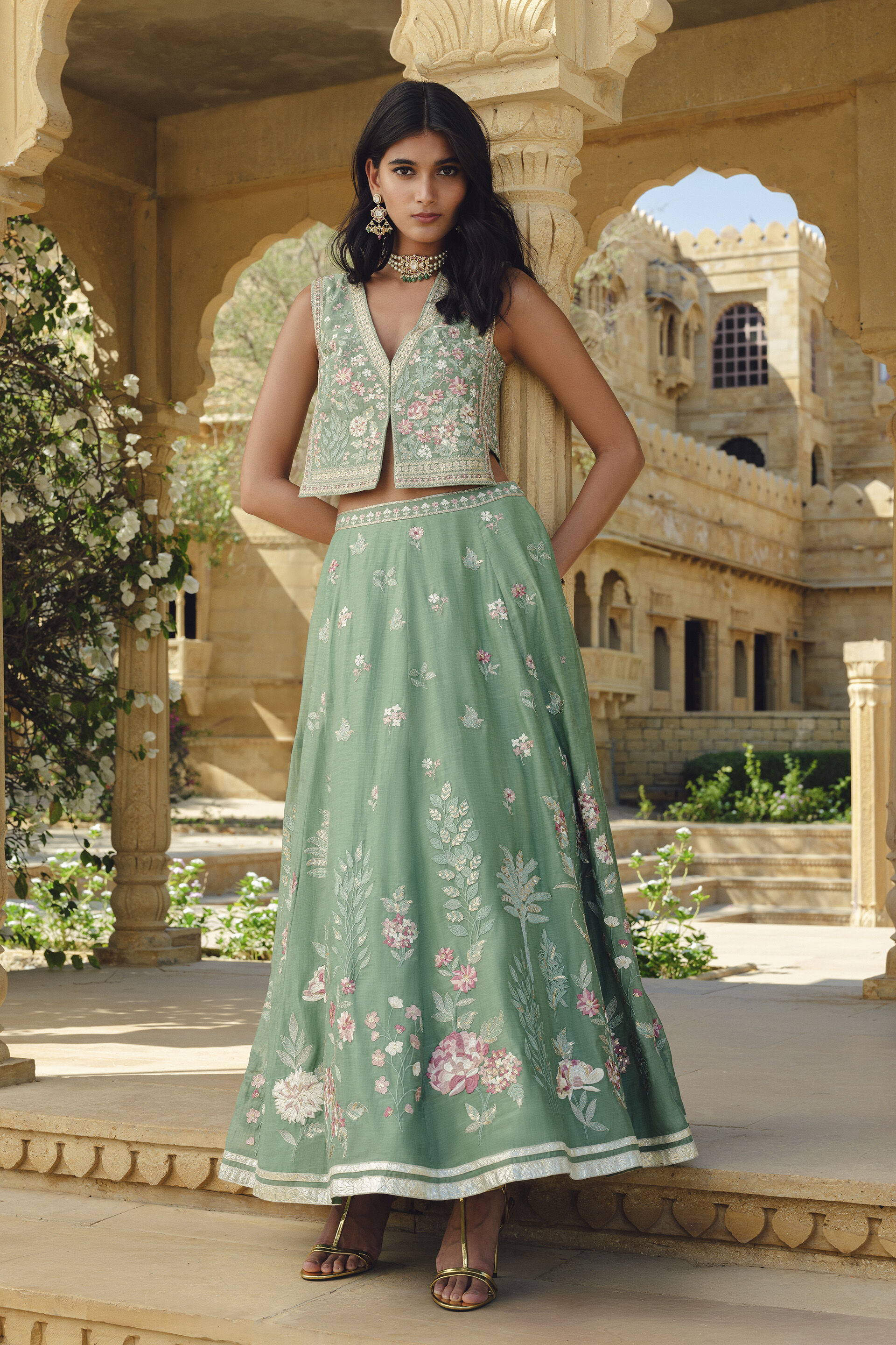 Avayah Embroidered Mul Skirt Set - Sage