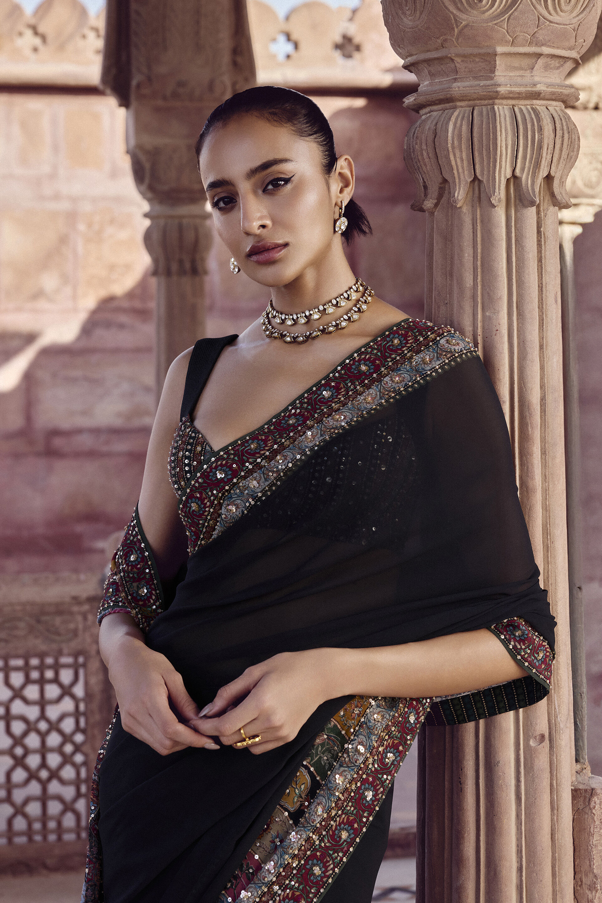 Anjana Embroidered Saree - Black, Black, image 3