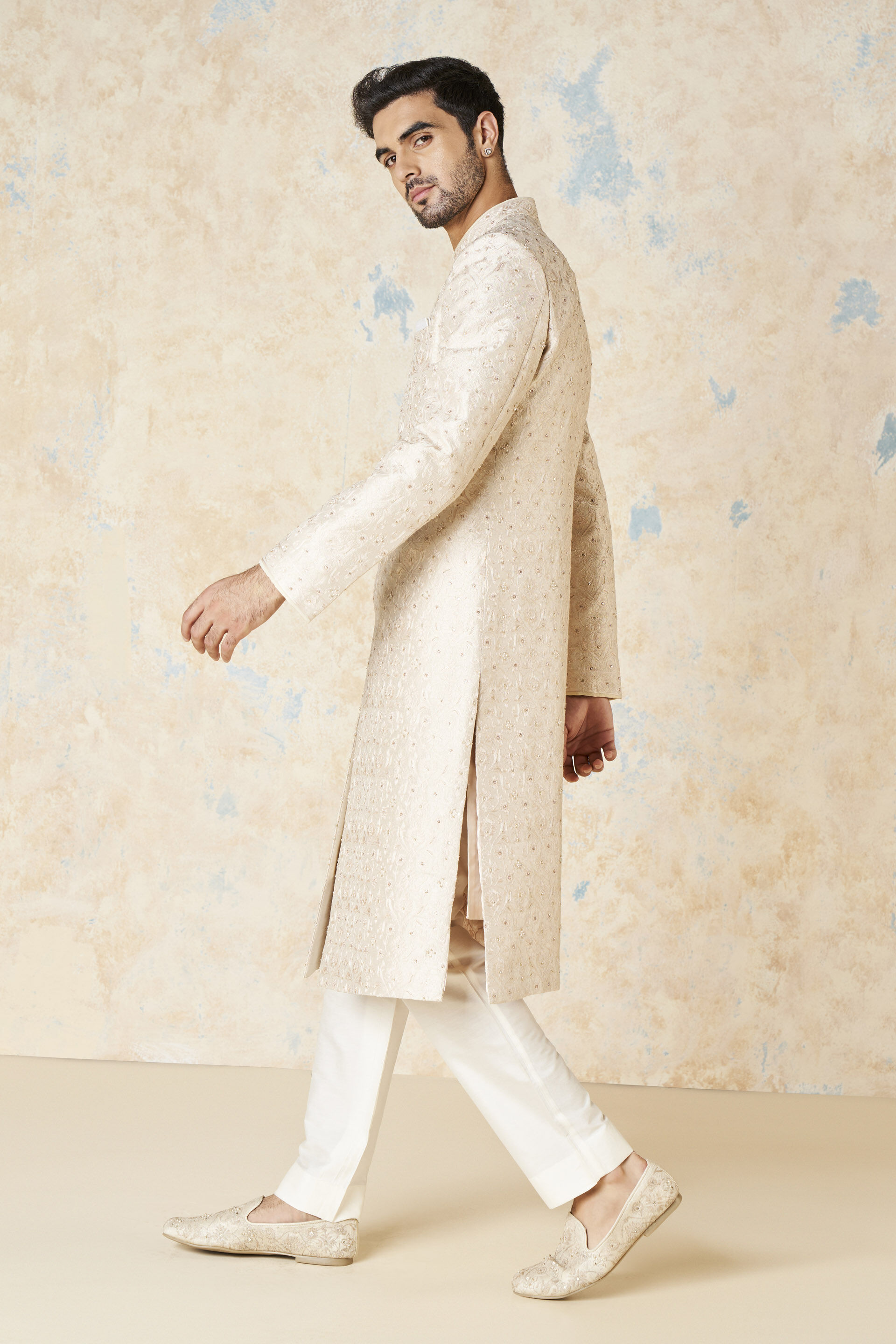 Aajay Zardozi & Aari Silk Sherwani - Ecru, Ecru, image 3
