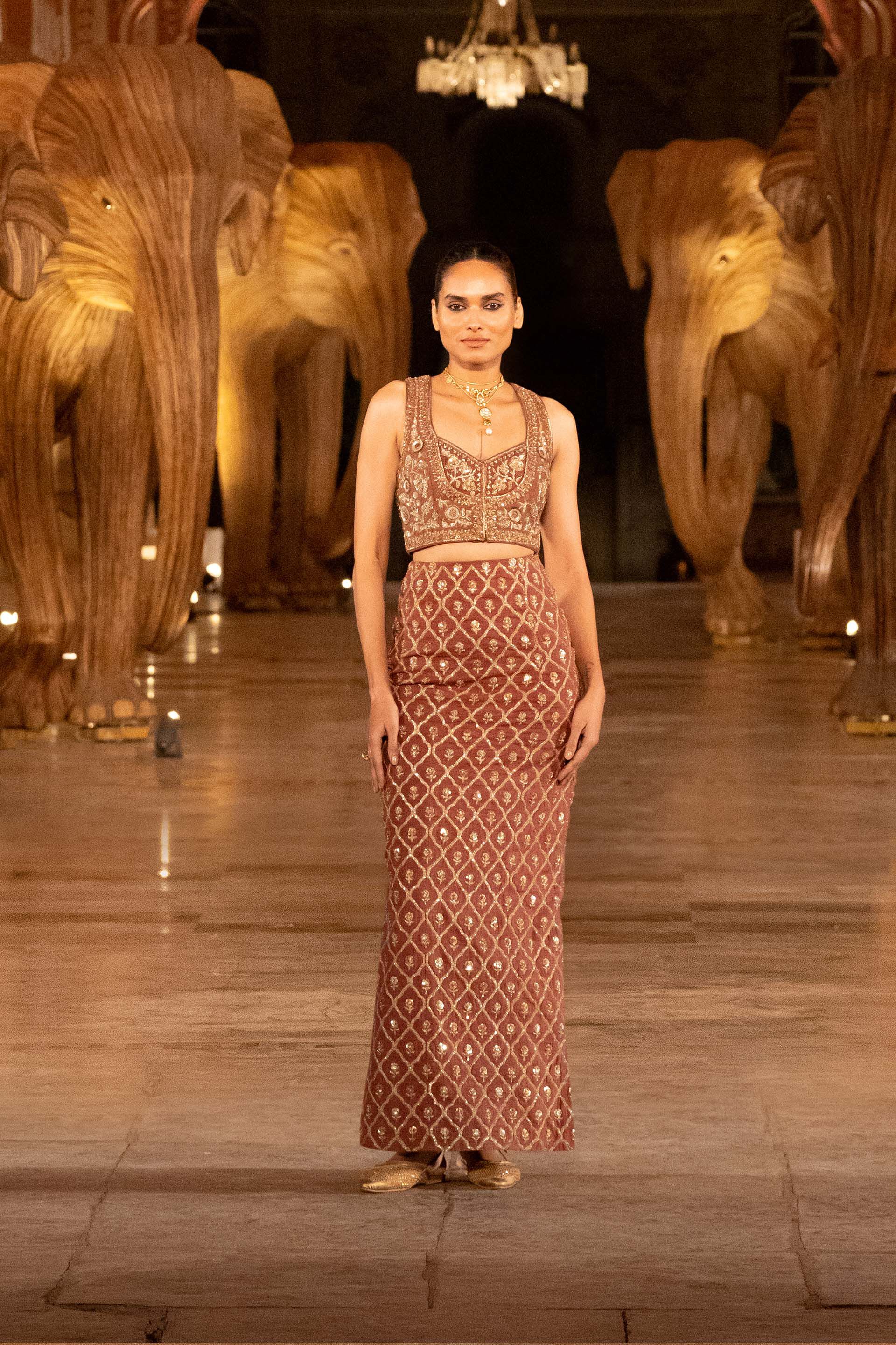 Ballad Of The Woods Embroidered Zardozi Silk Skirt Set - Brown, Brown, image 3