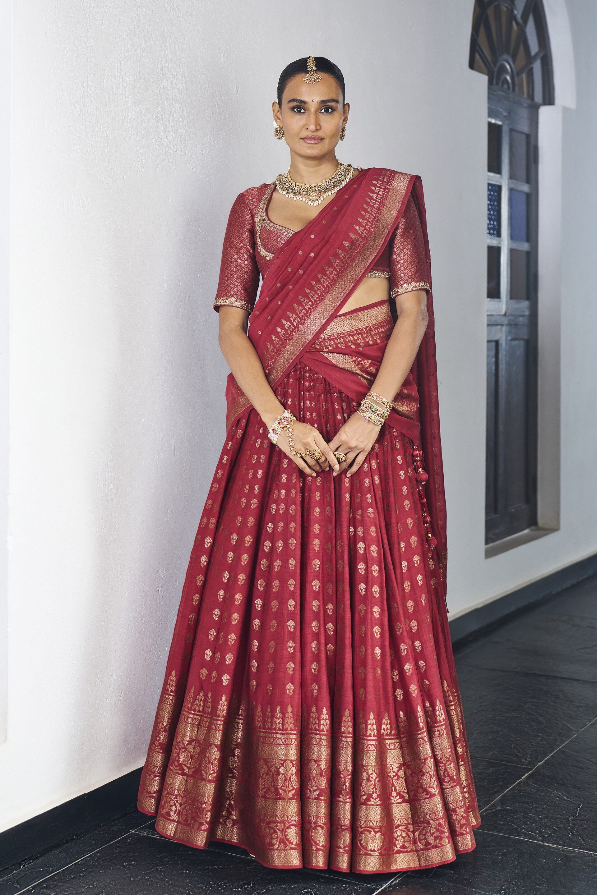 Maname Benarasi Mul Lehenga&nbsp;Set - Maroon