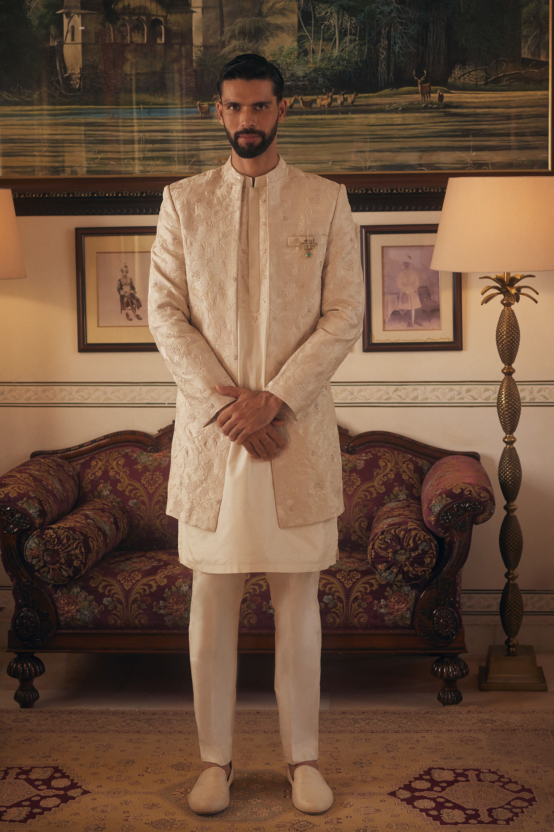 Gurbaz Embroidered Silk Sherwani - Ivory