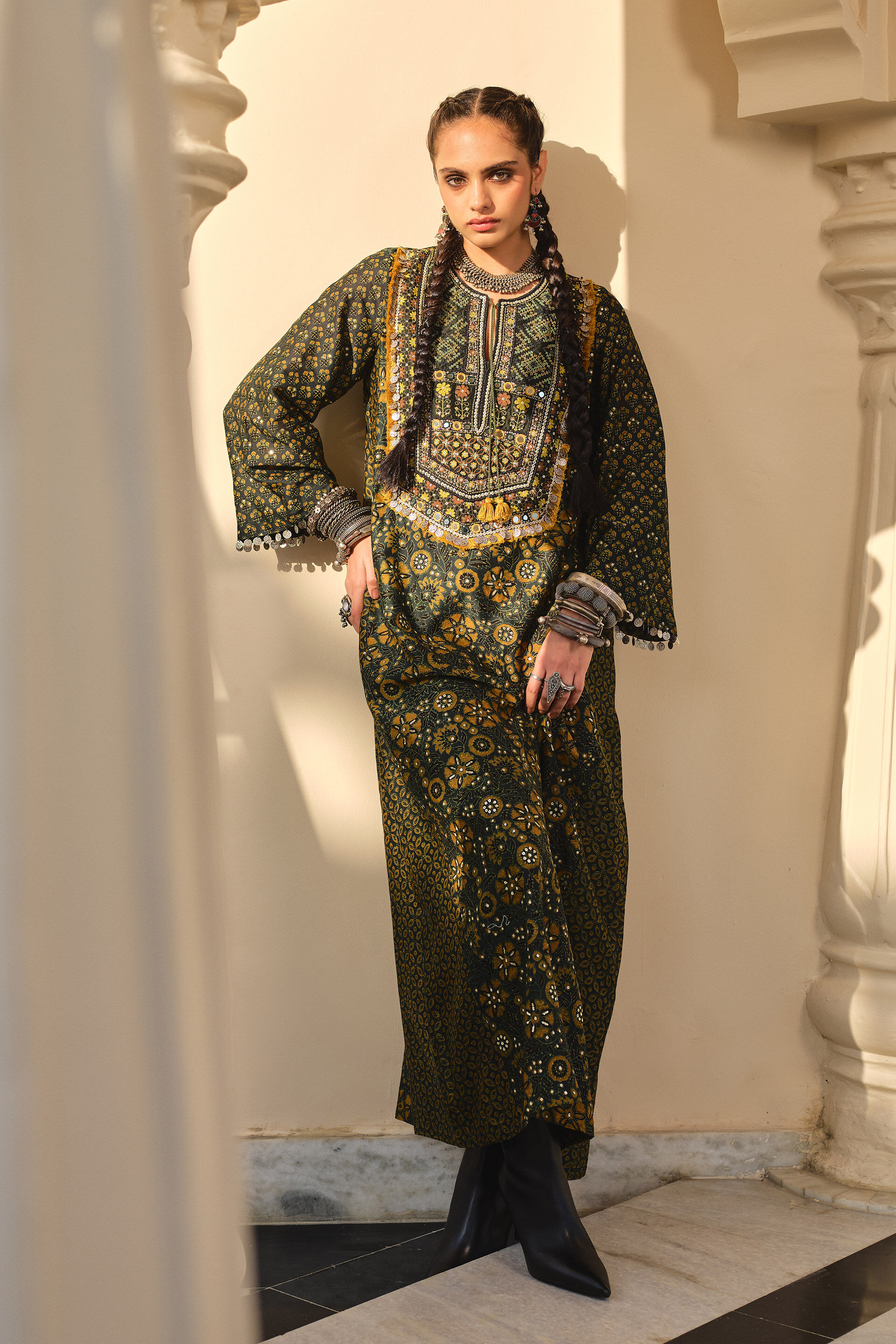 Dreamer Blue Mirror Embroidered Ajrakh Kaftan