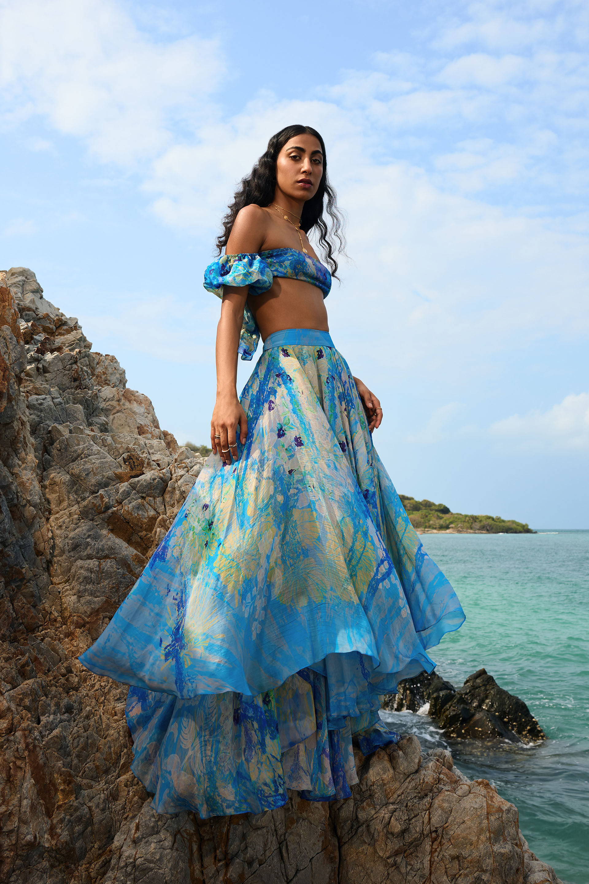 Buy Designer Chatoyante Asymmetrical Skirt Set - Blue Online