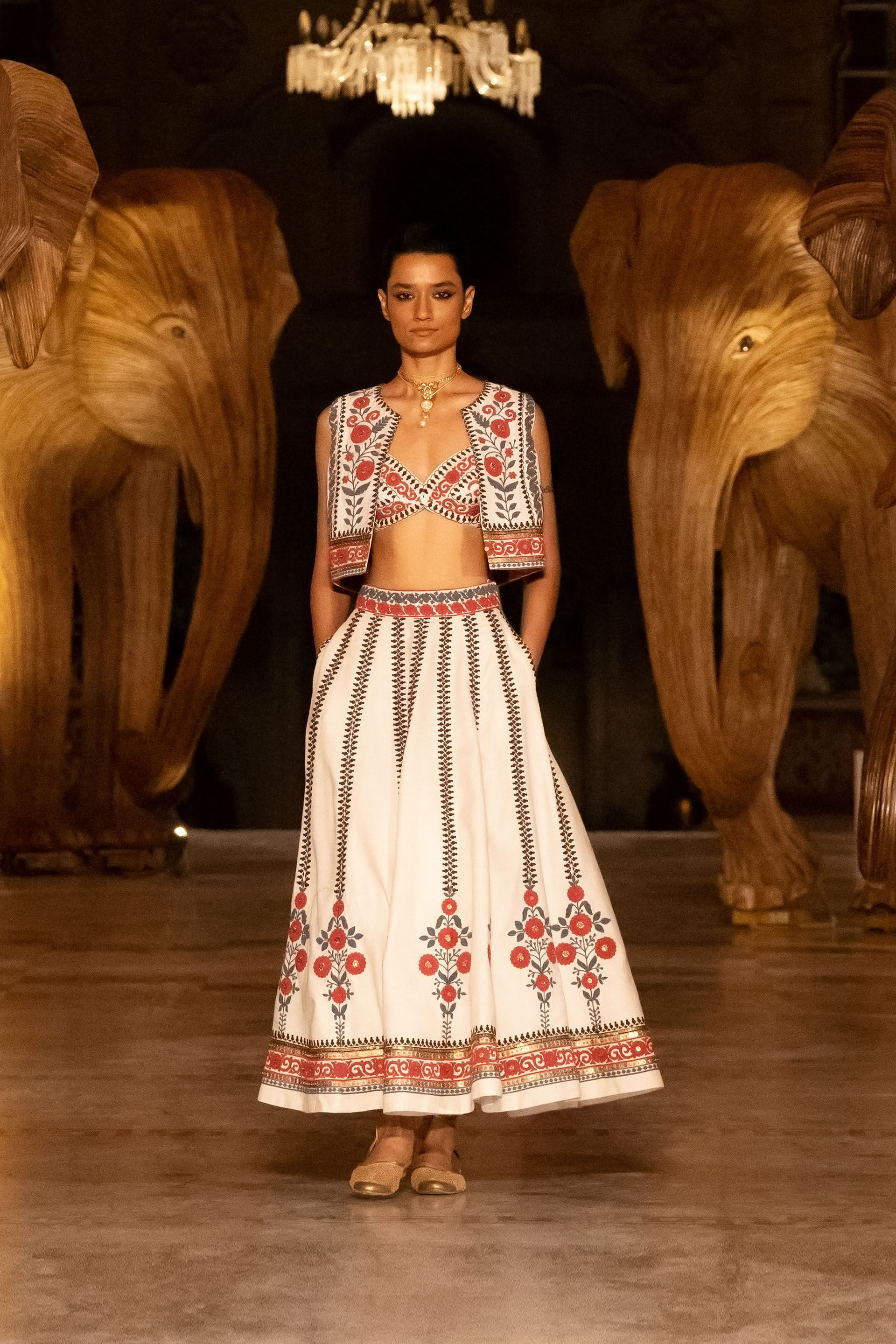 Flowers Of the Forest Embroidered Cord Silk Skirt Set - Cream, Cream, image 3