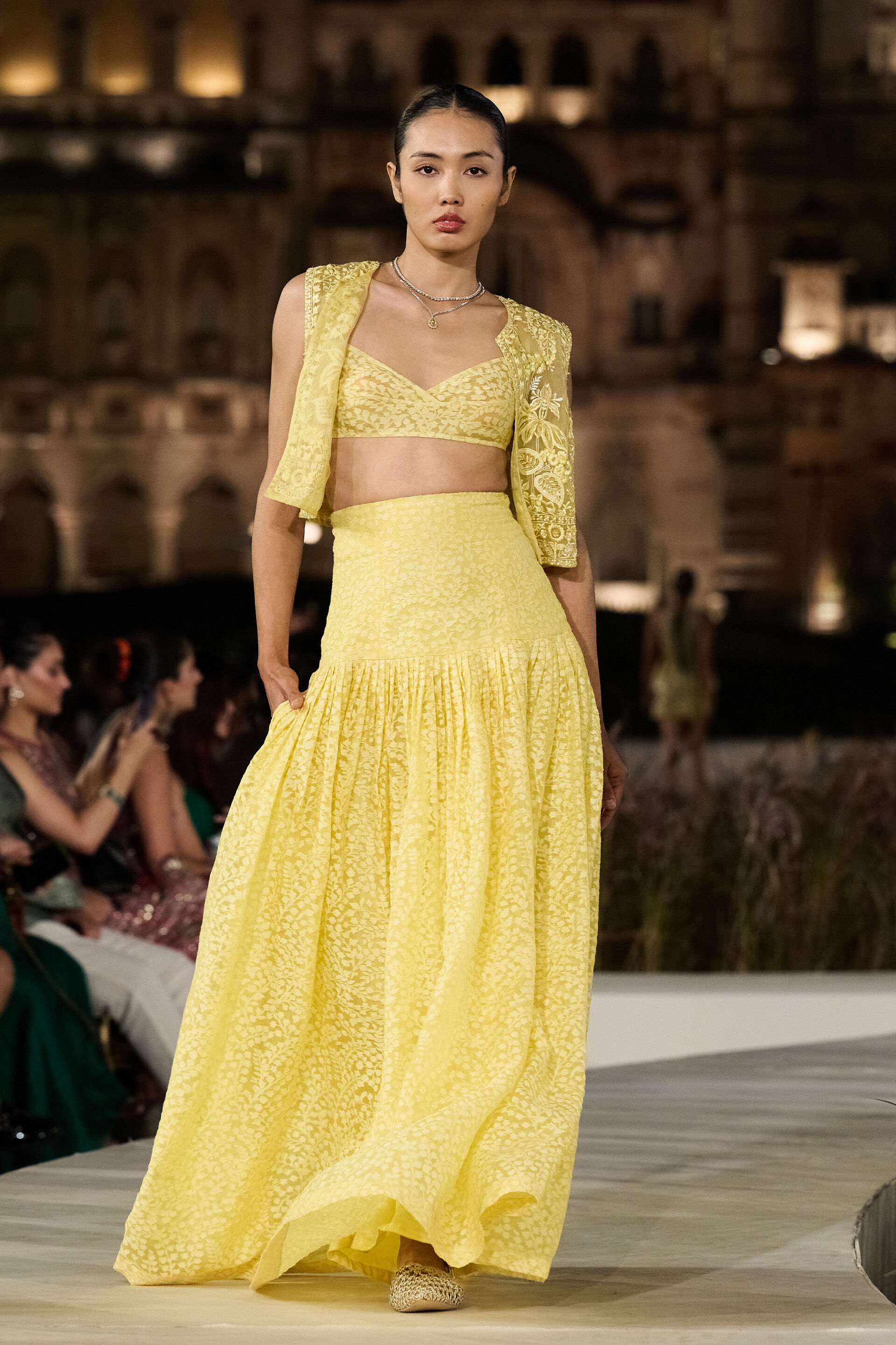 Zoheret Woven Benarasi & Appliqe Silk Skirt Set - Yellow