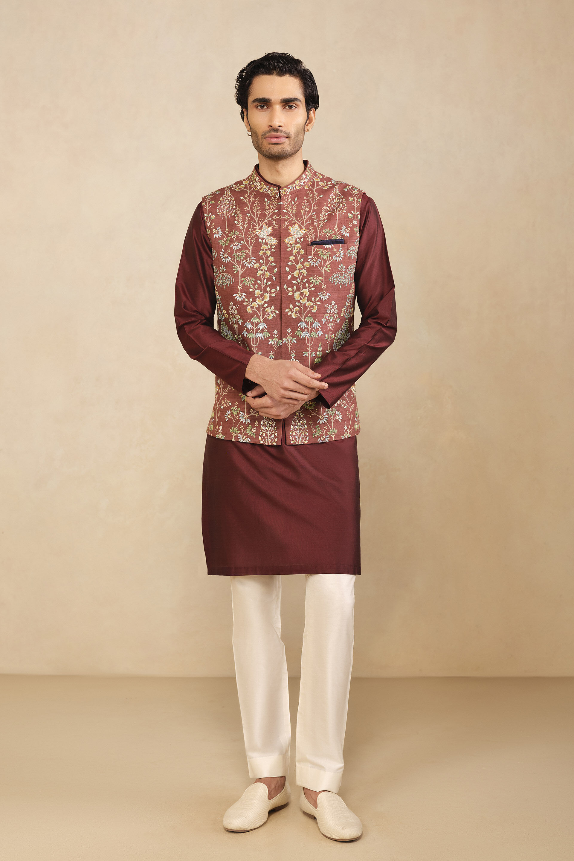 Aziz Hand-painted Pichhwai Silk Nehru Jacket - Brown, Brown, image 1