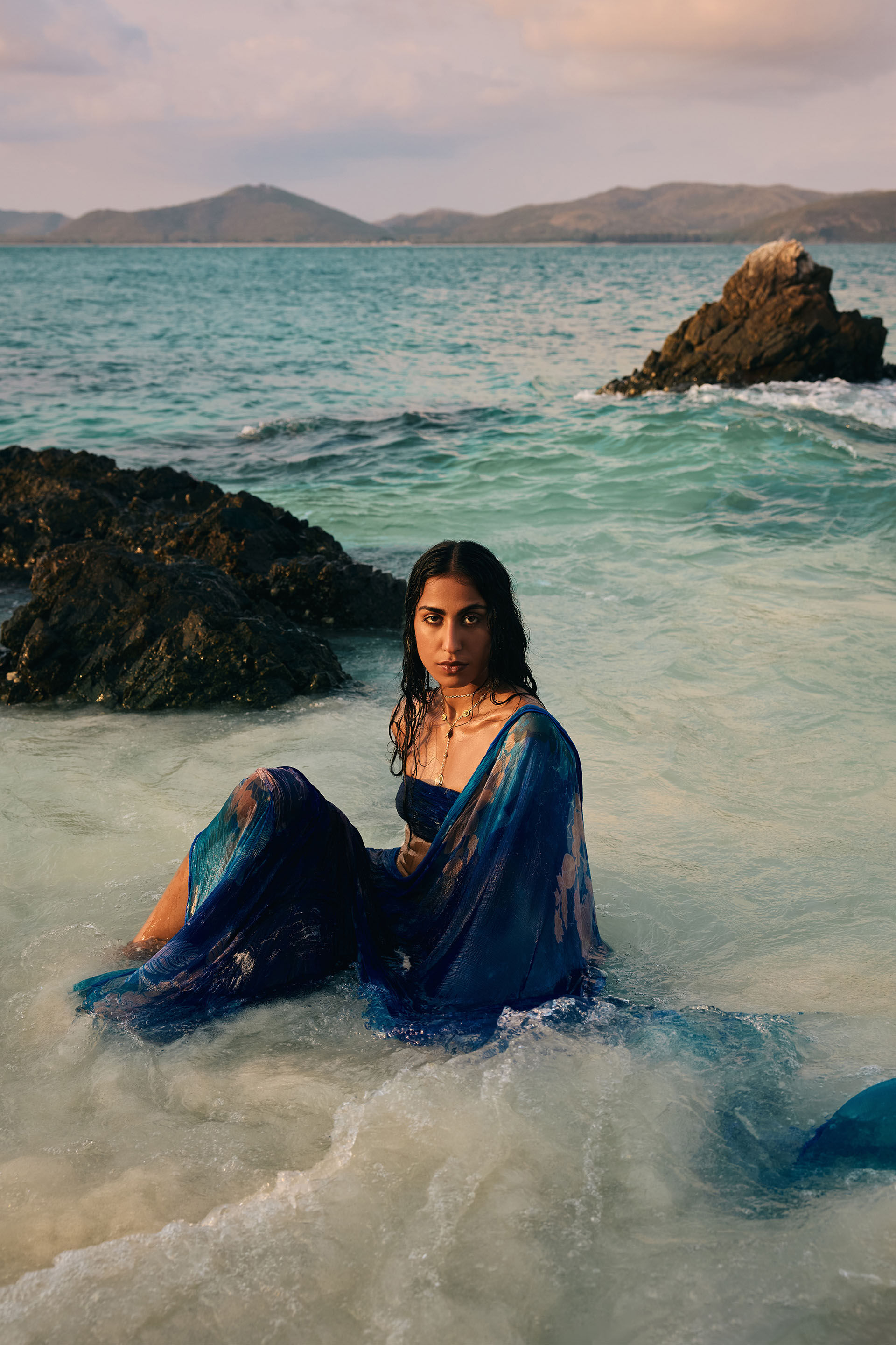 Watersculpt Chiffon Saree, Blue, image 4