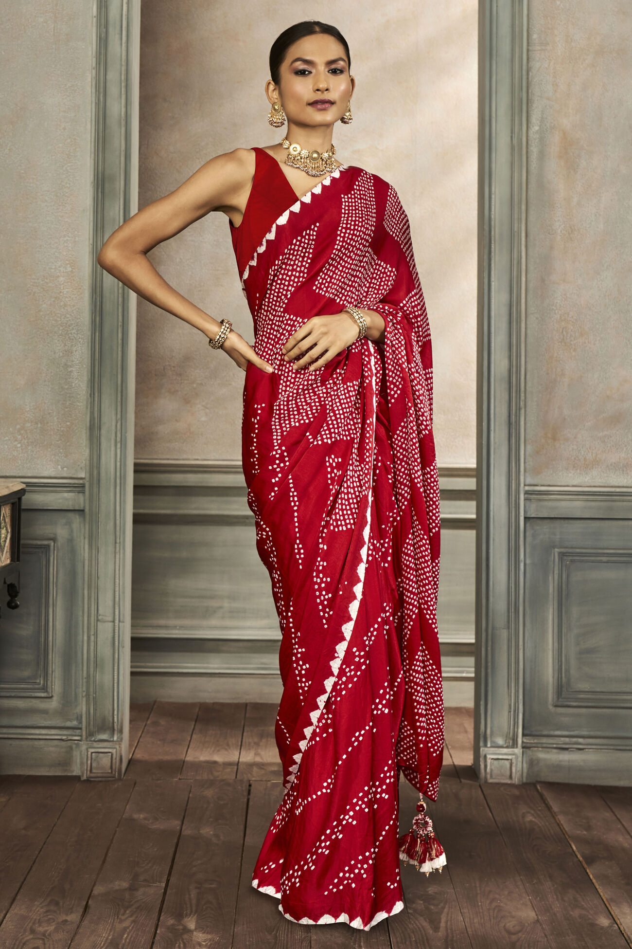 Deetya Bandhani Silk Saree, Red, image 1