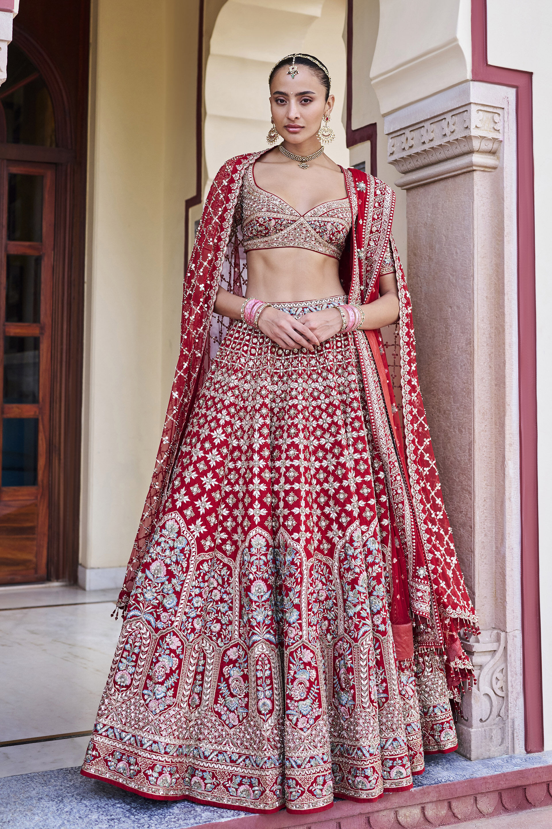 Desire Embroidered Zardozi Silk Lehenga Set - ​Red