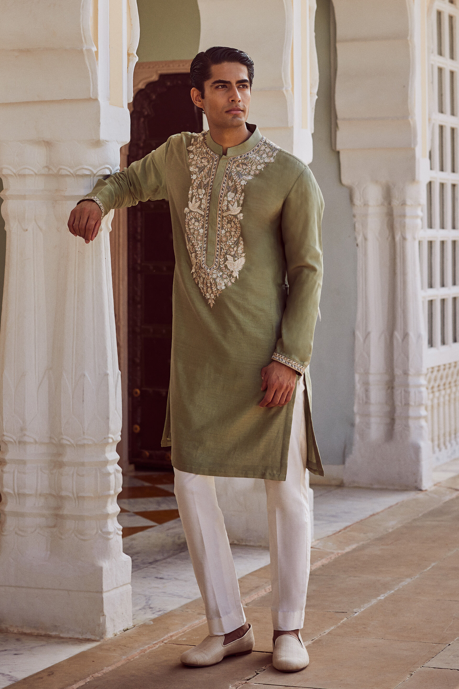 Suryan Embroidered Silk Kurta - Olive