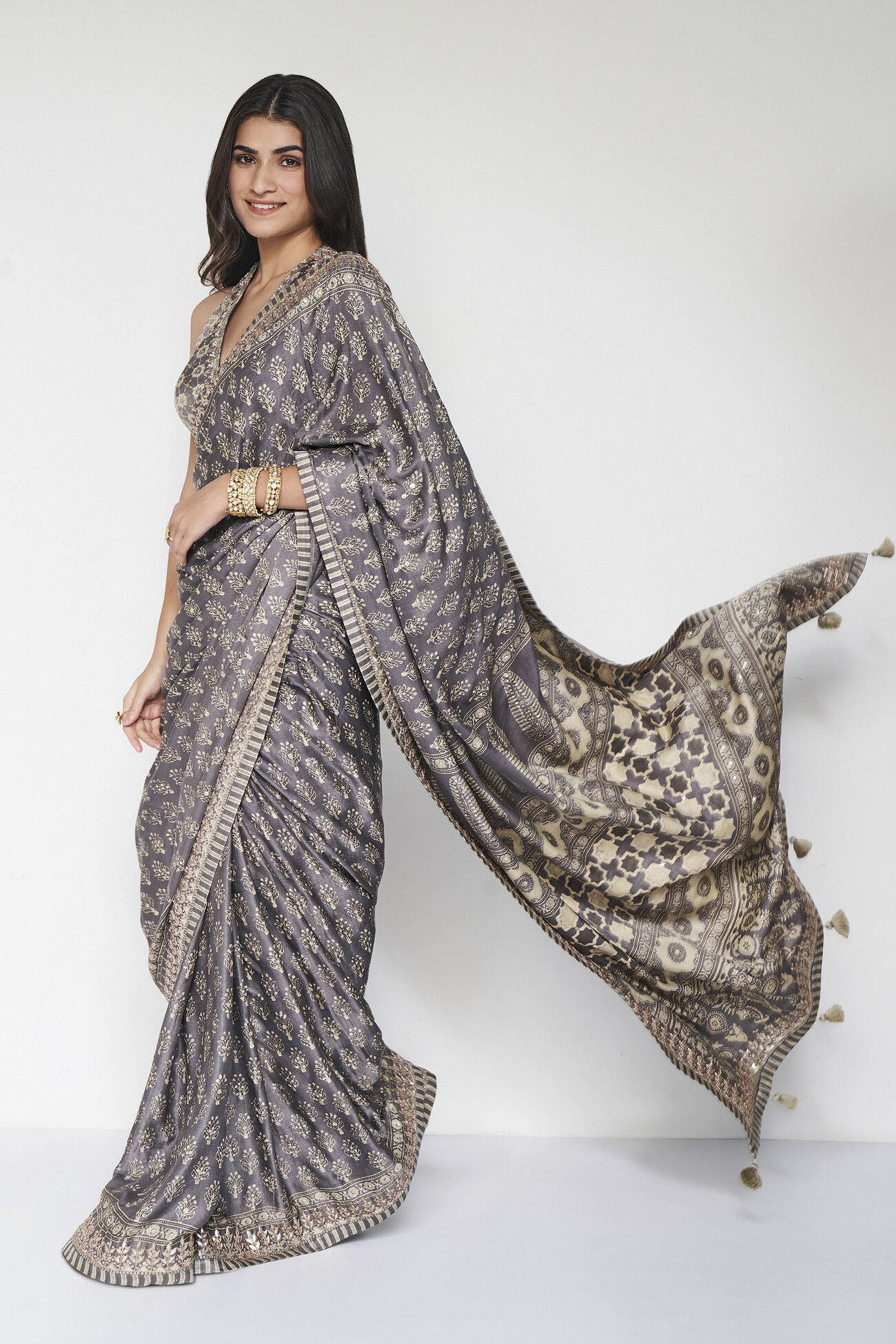 Ranjeeta Ajrakh Hand-block Printed Silk Saree - Grey, Grey, image 3