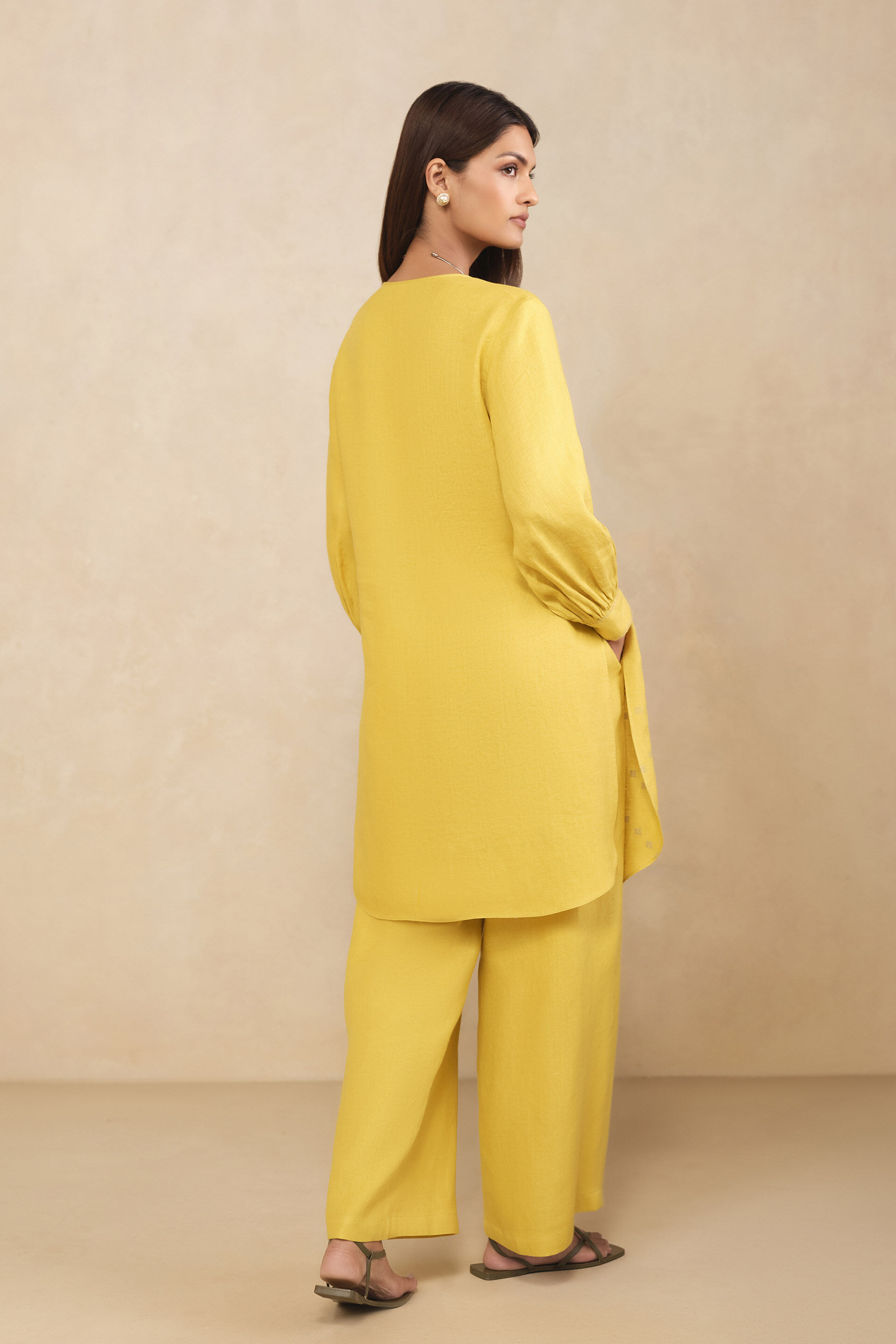 Haiku Embroidered Hemp Kurta Set - Yellow