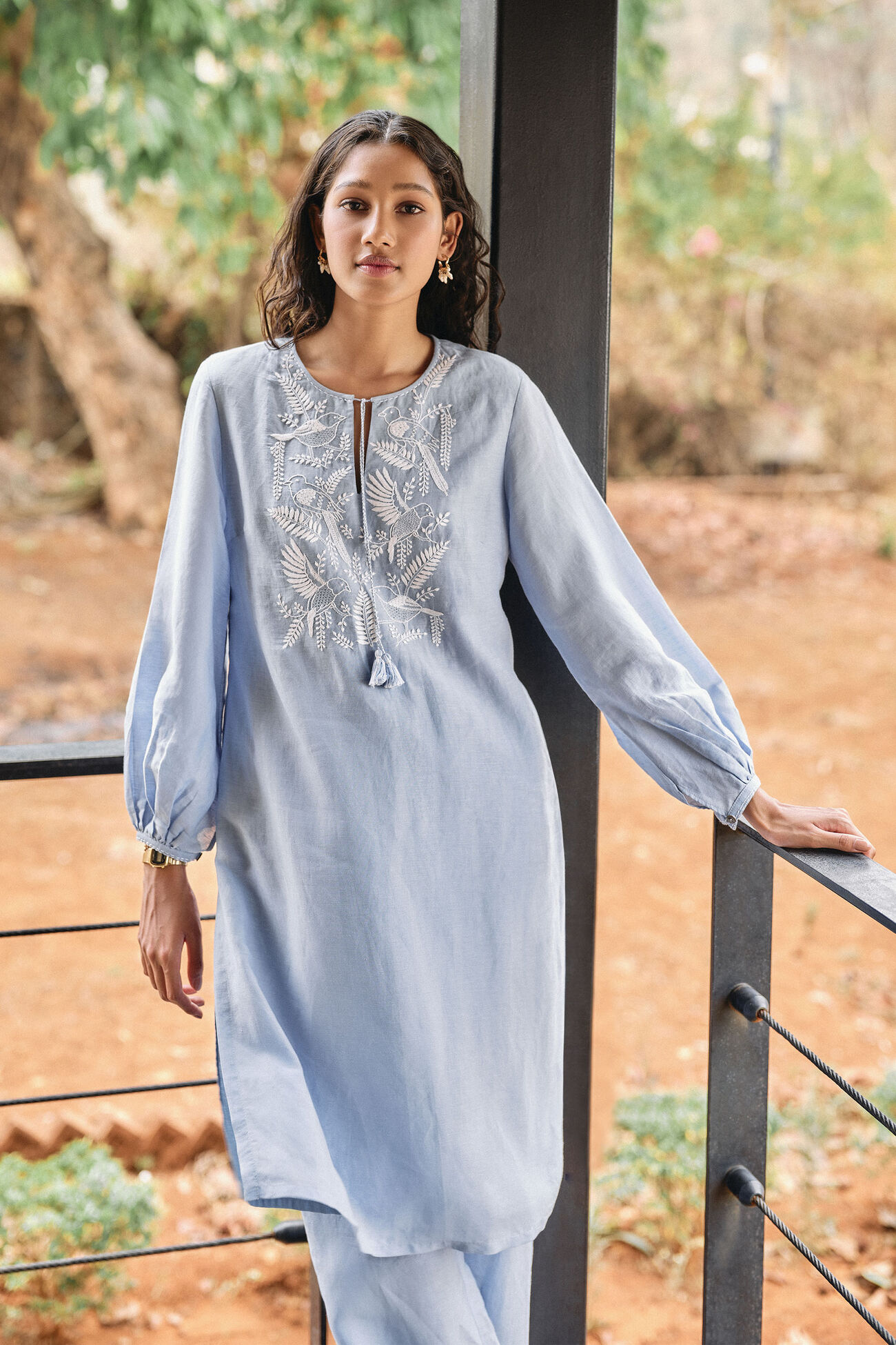 Cloud Sky Hand-embroidered Chikankari Bemberg Linen Coord, Blue, image 1