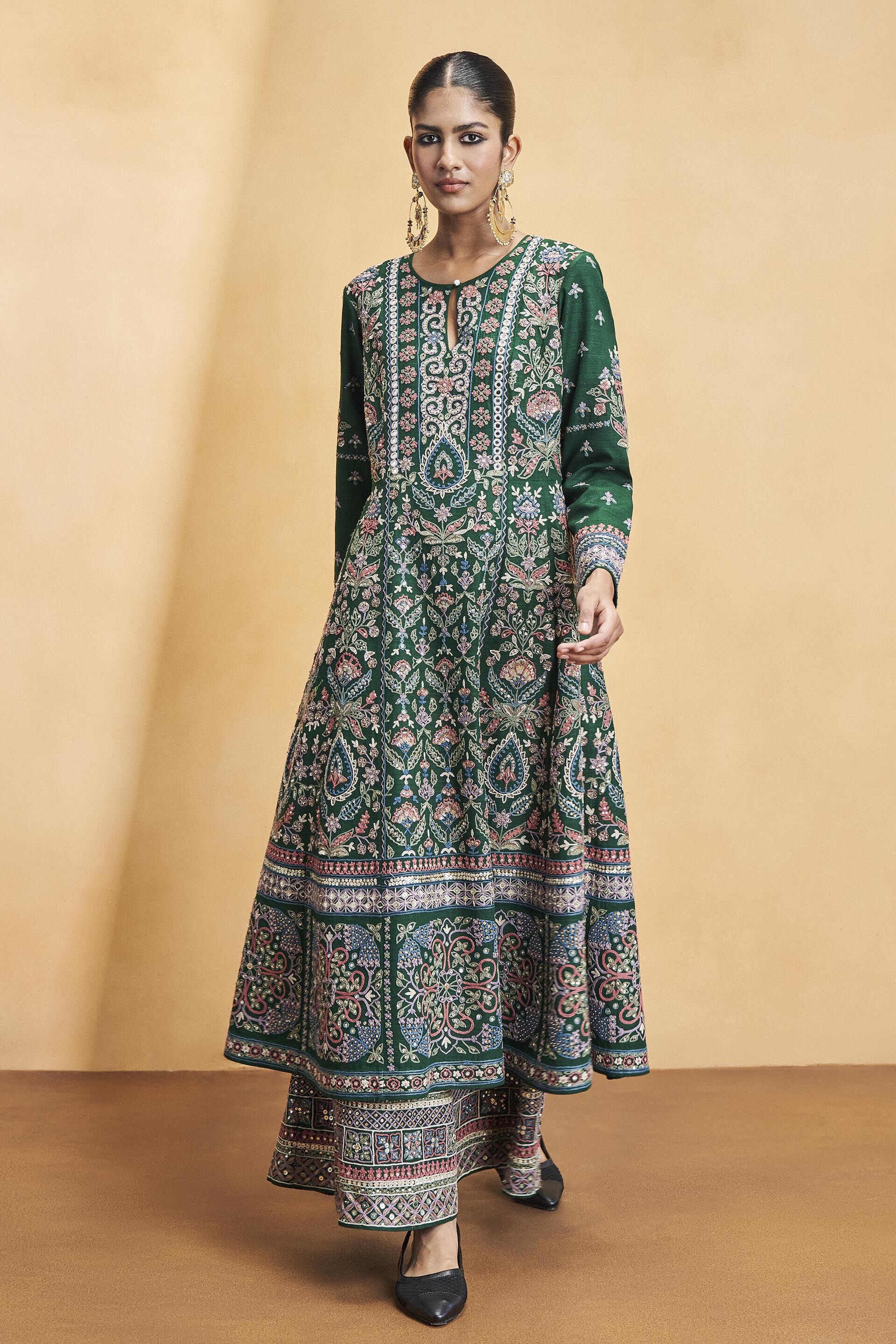 Serenade Of The Trees SEWA Hand-embroidered Silk Kurta Set - Green, Green, image 1