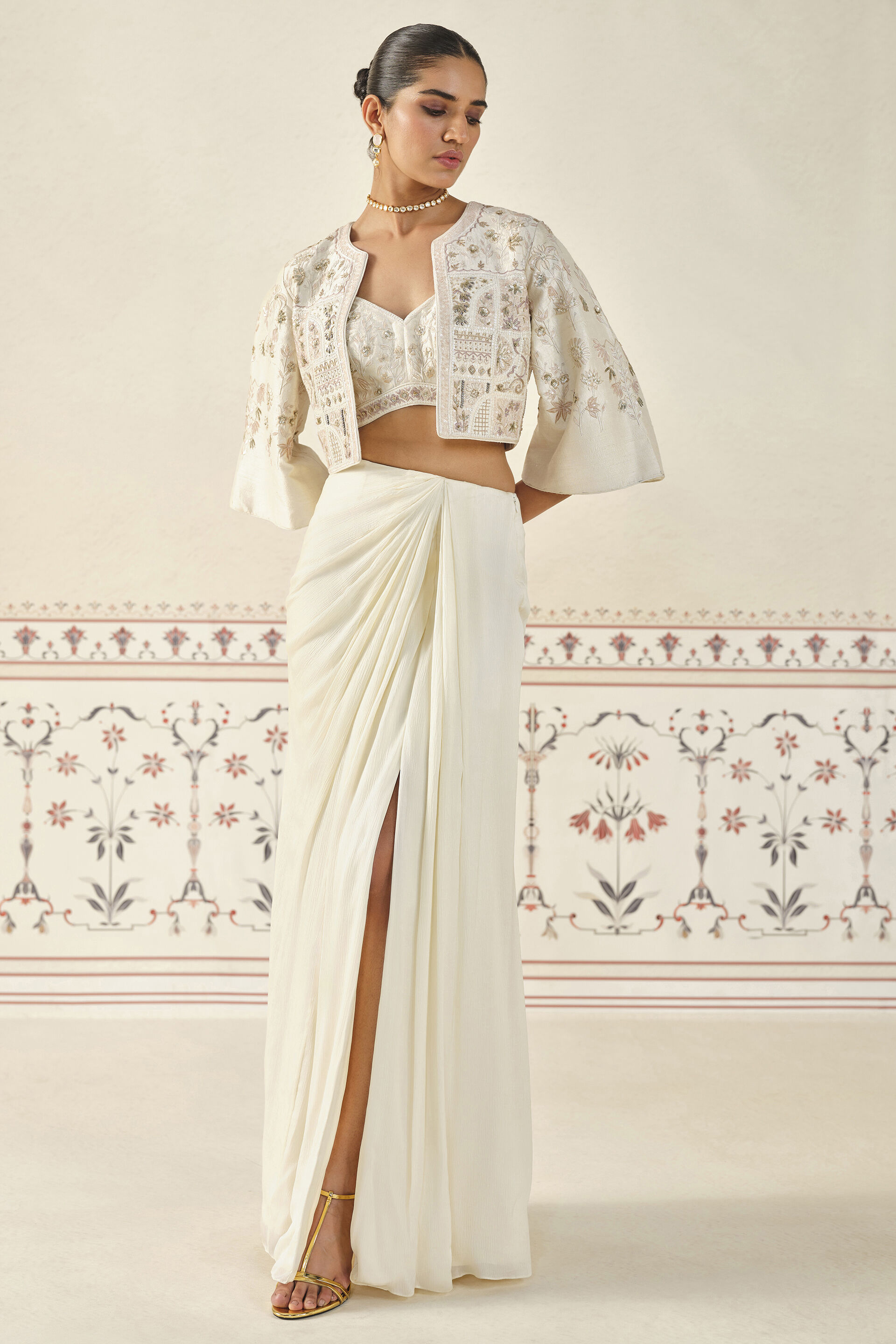 Buy Designer Mesnata Embroidered Skirt Set - Ivory Online