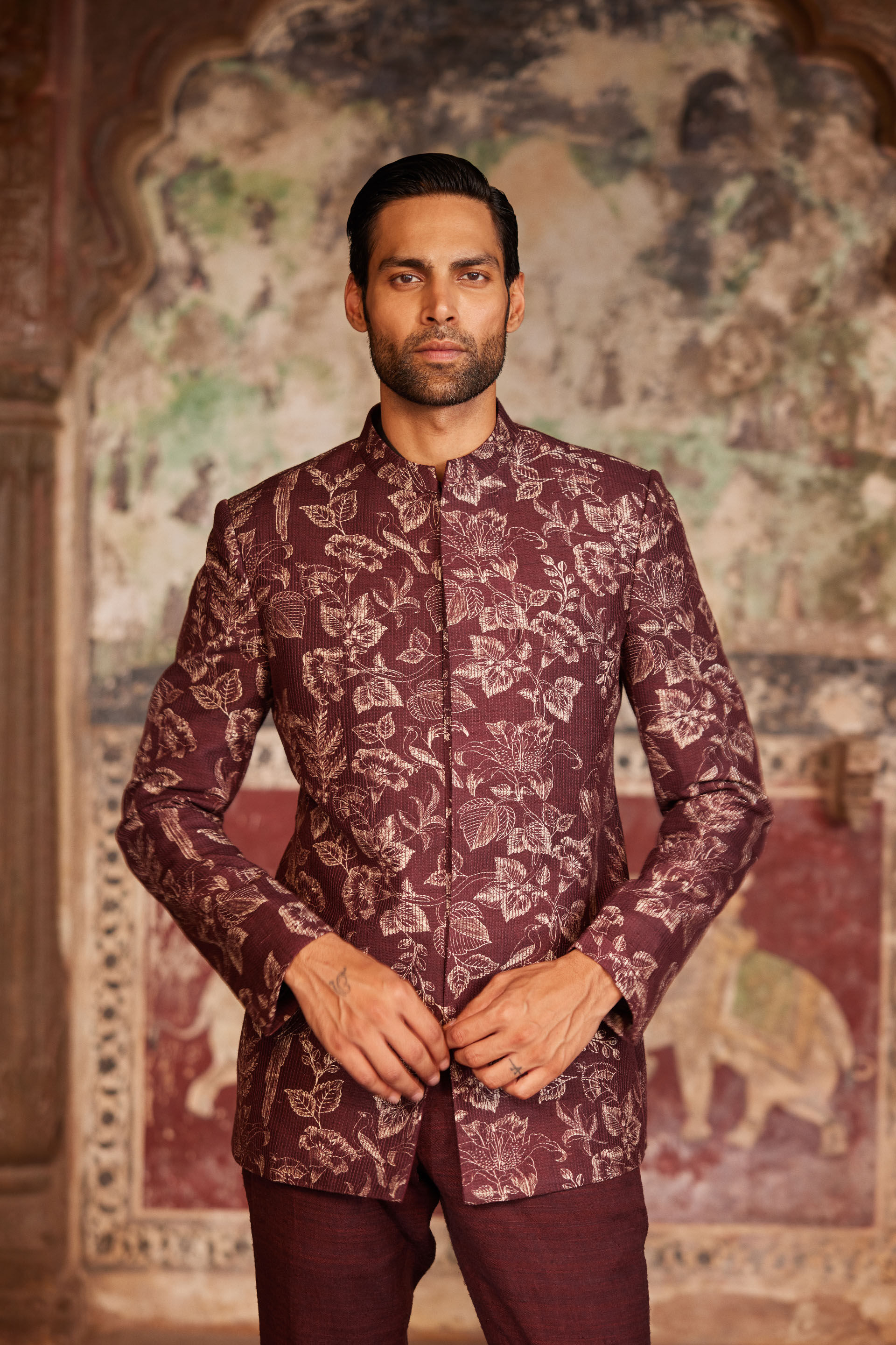 Nilav Printed Silk Bandhgala - Maroon, Maroon, image 4