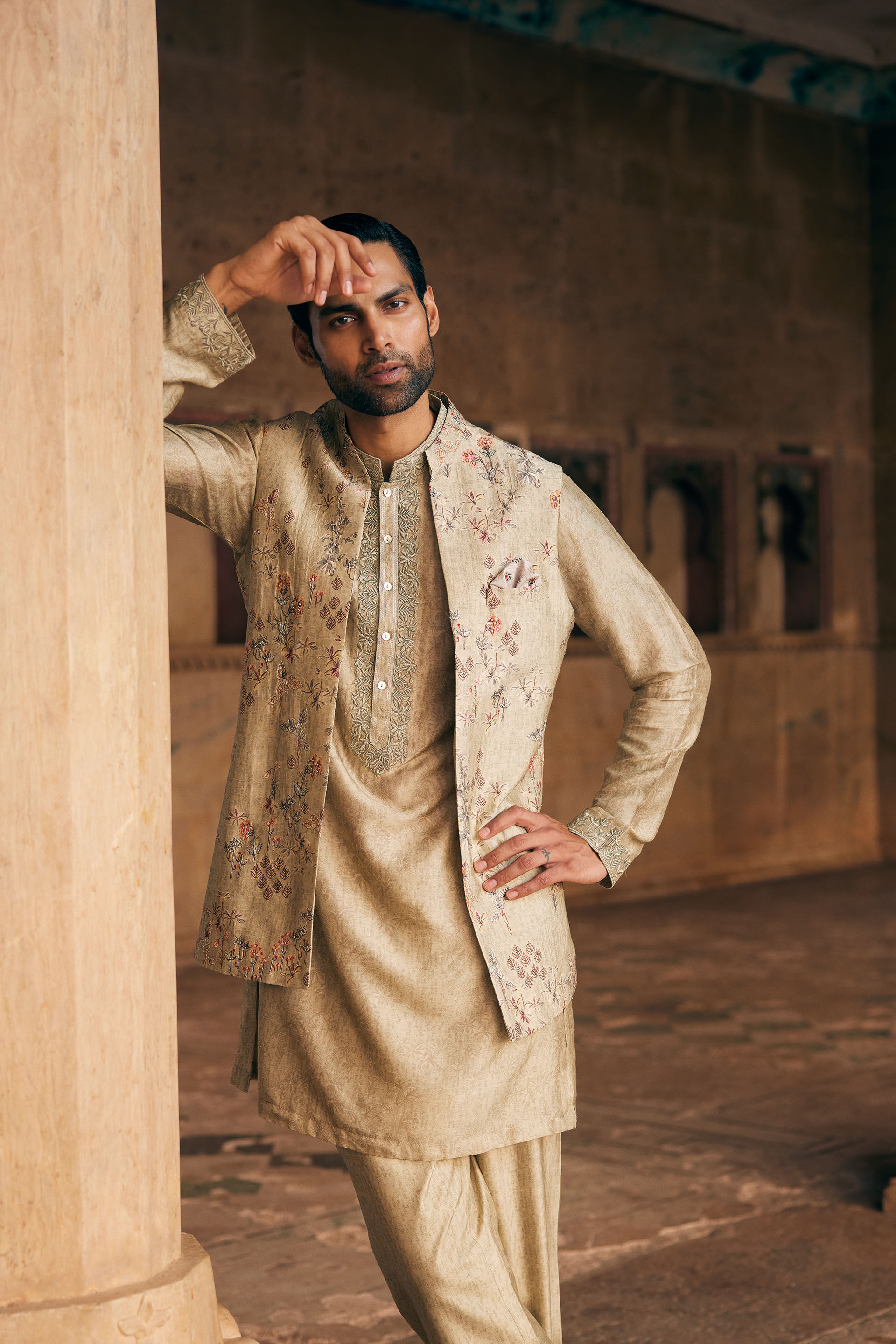 Hemil Printed Silk Nehru Jacket Sage