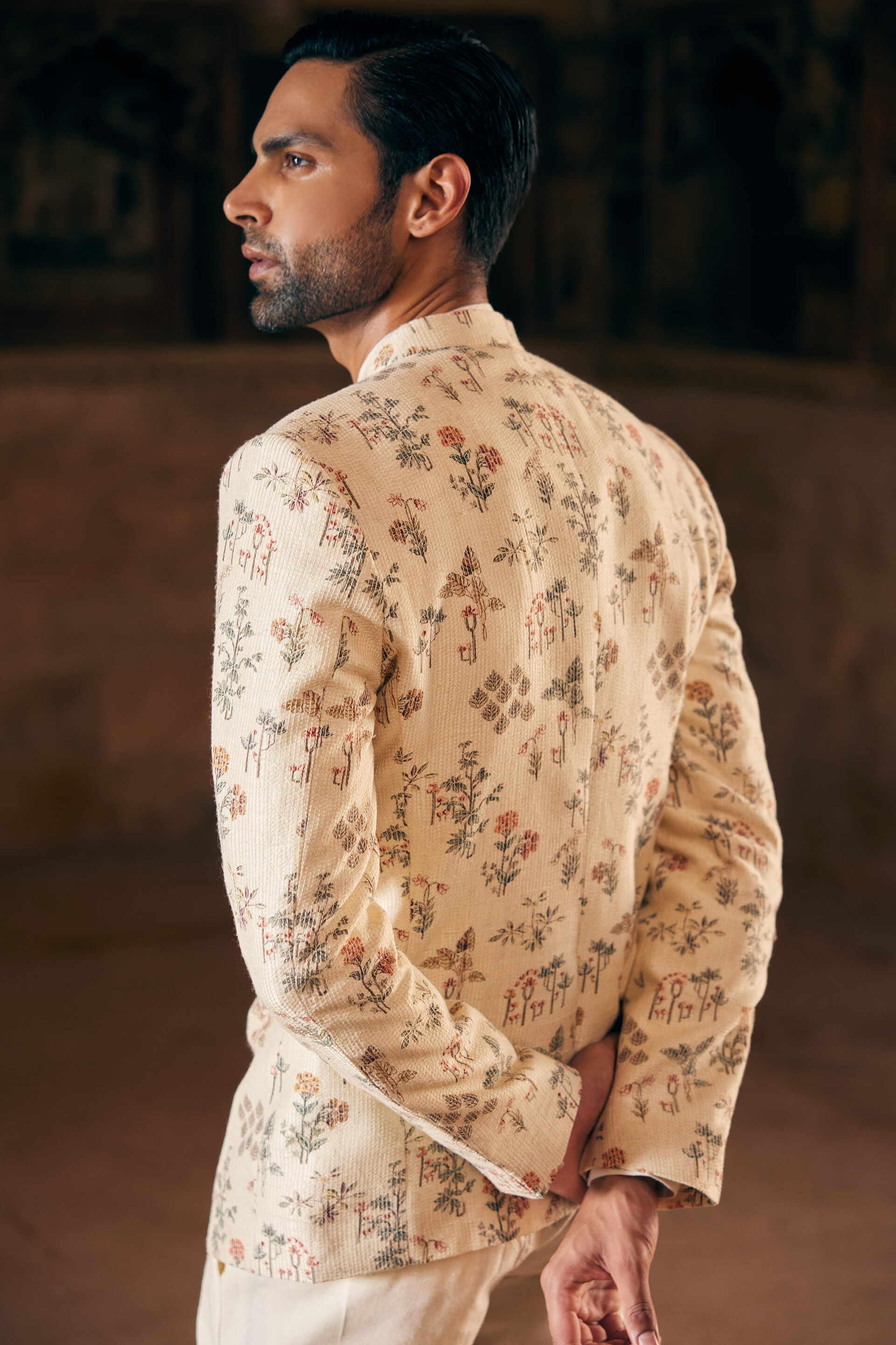 Suhan Printed Silk Bandhgala - Cream, Cream, image 6