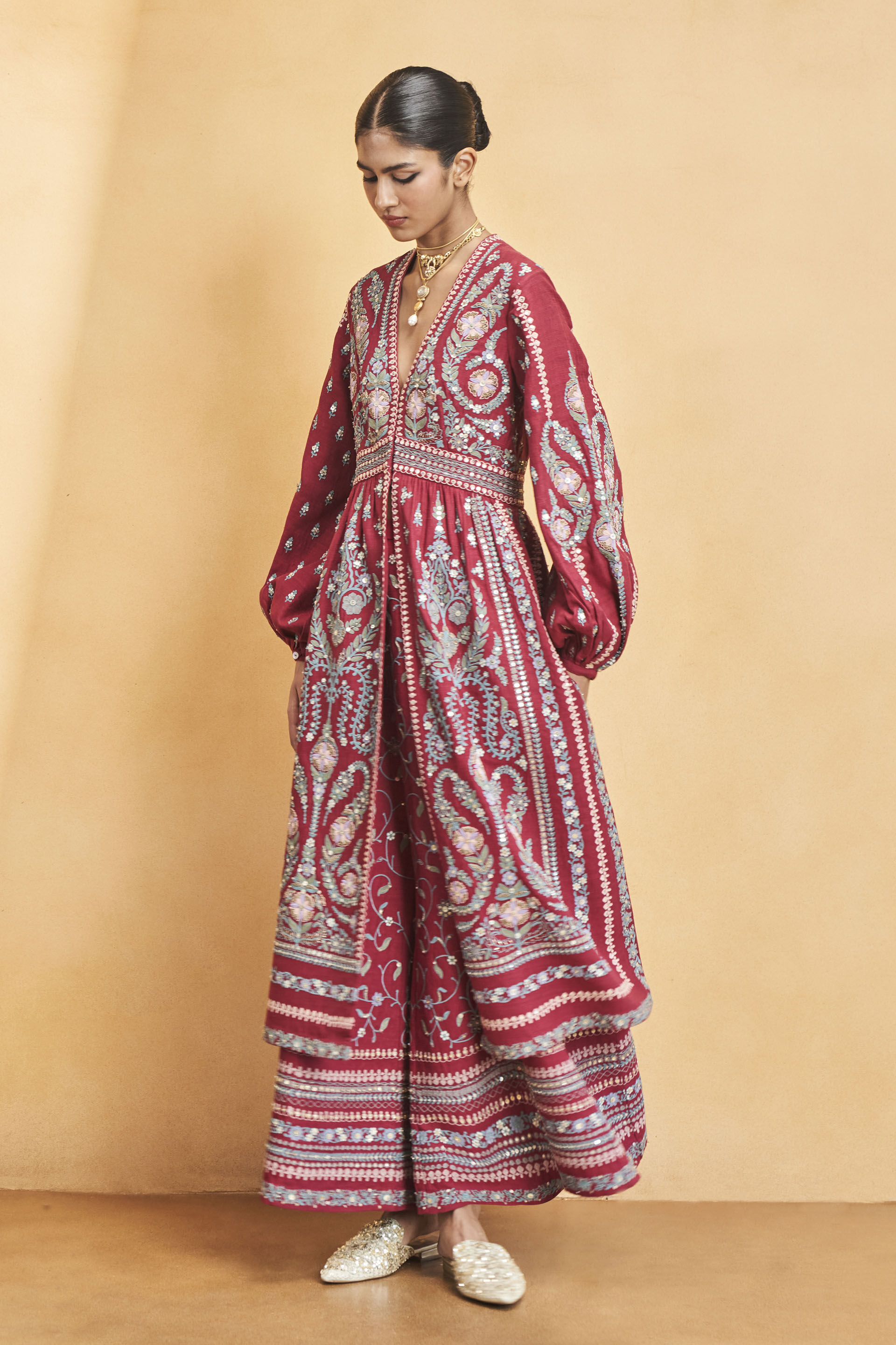 Into The Wilderness Zardozi & Cord Silk Kurta Set - Wine, Wine, image 4