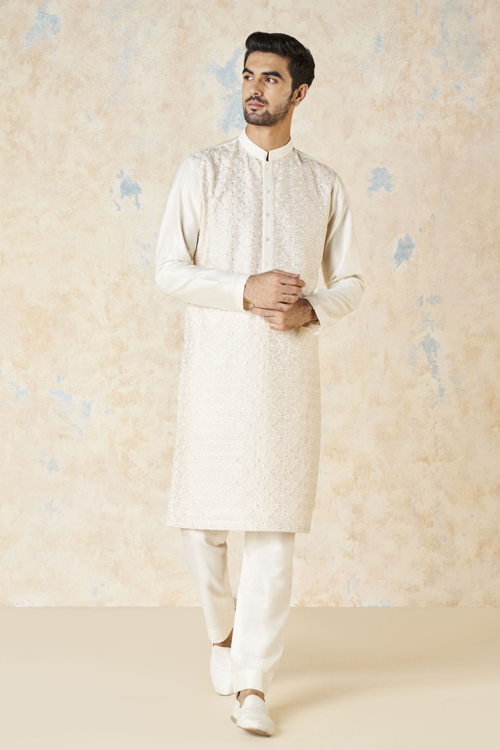 Adhikrit Embroidered Silk Kurta - White, White, image 1