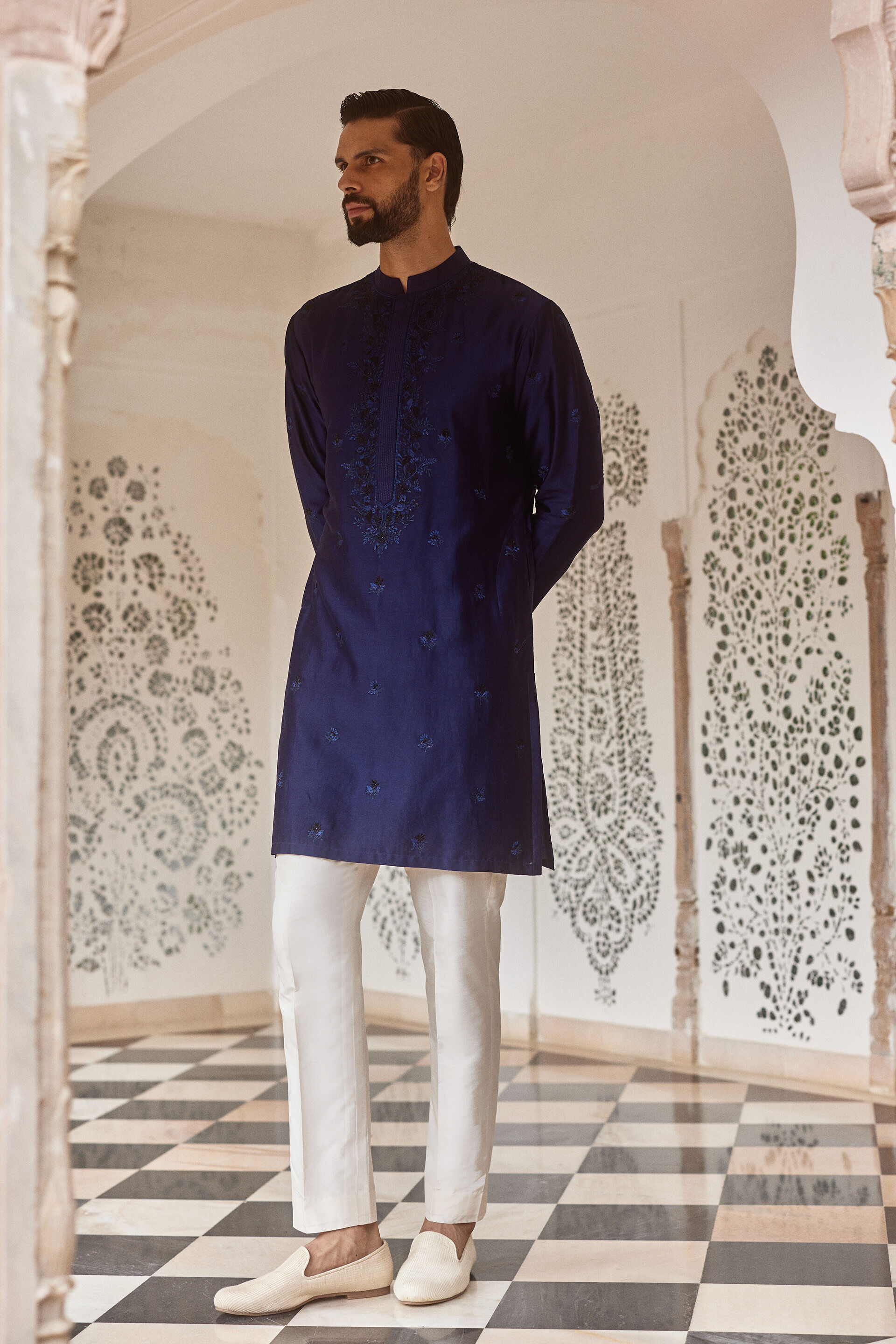 Jagan Embroidered Silk Kurta  - Navy