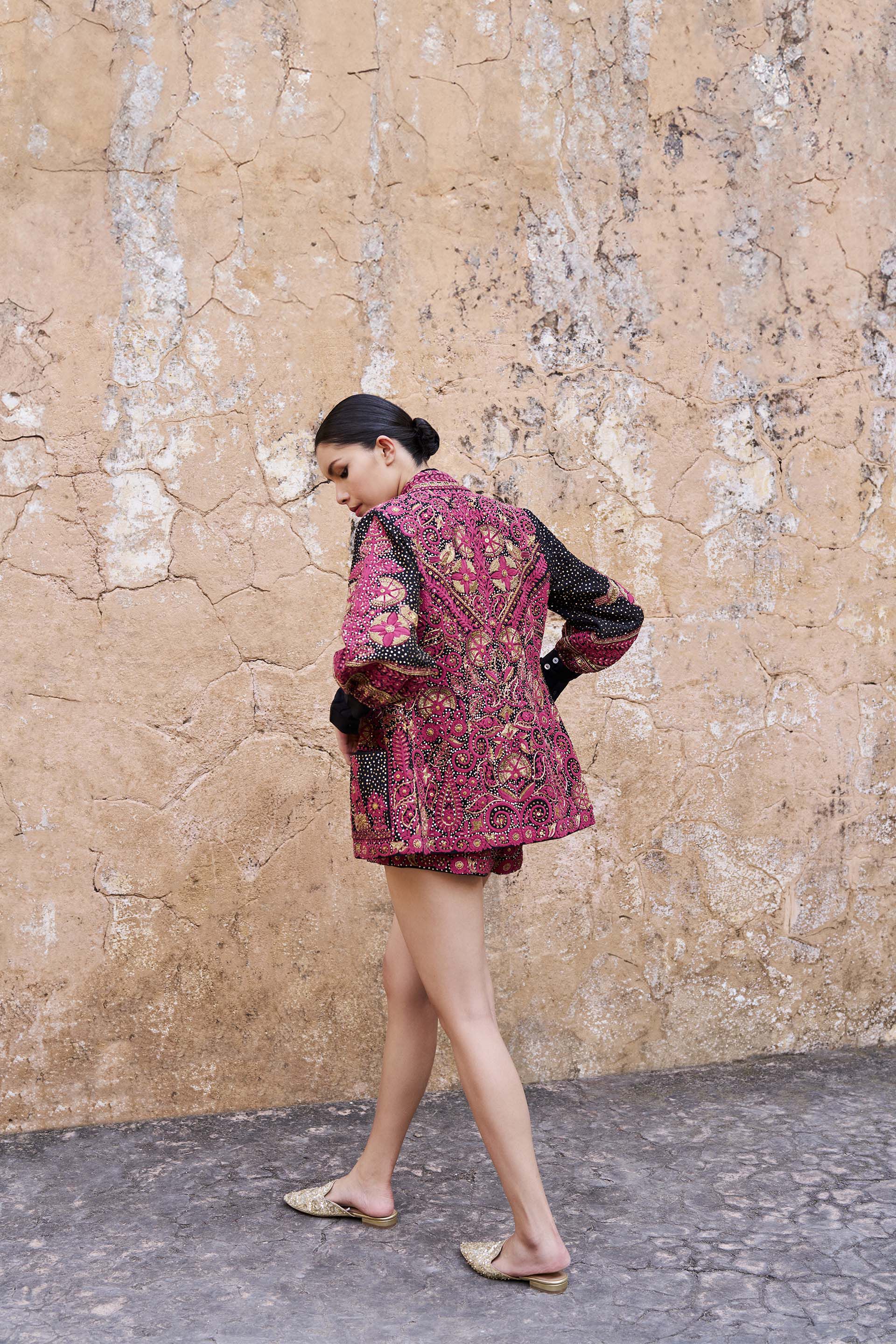 Nocturnal Wilderness Zardozi & Embroidered Cord Silk Jacket Set - Black