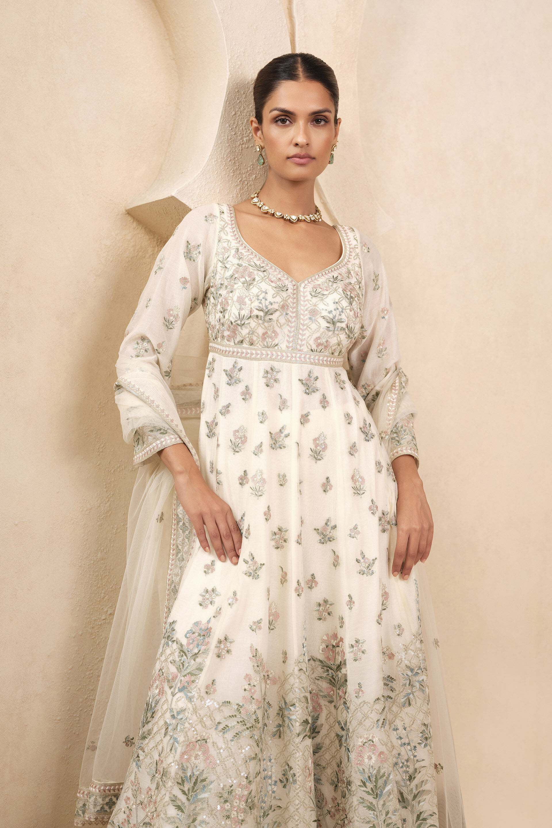Zohra Embroidered Mul Anarkali Suit Set -  Ivory, Ivory, image 4