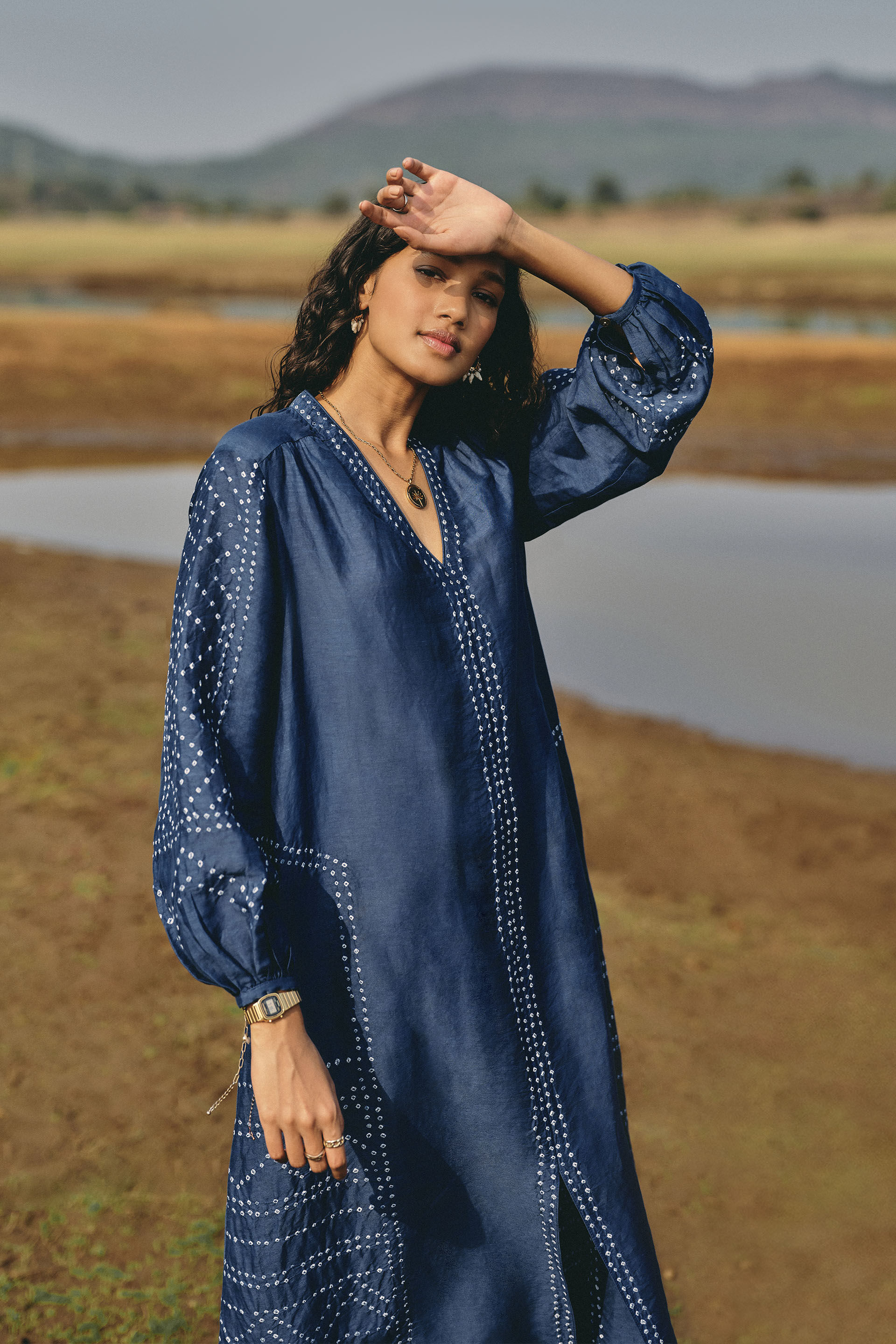 Windswept Handcrafted Bandhani Linen Dress Indigo