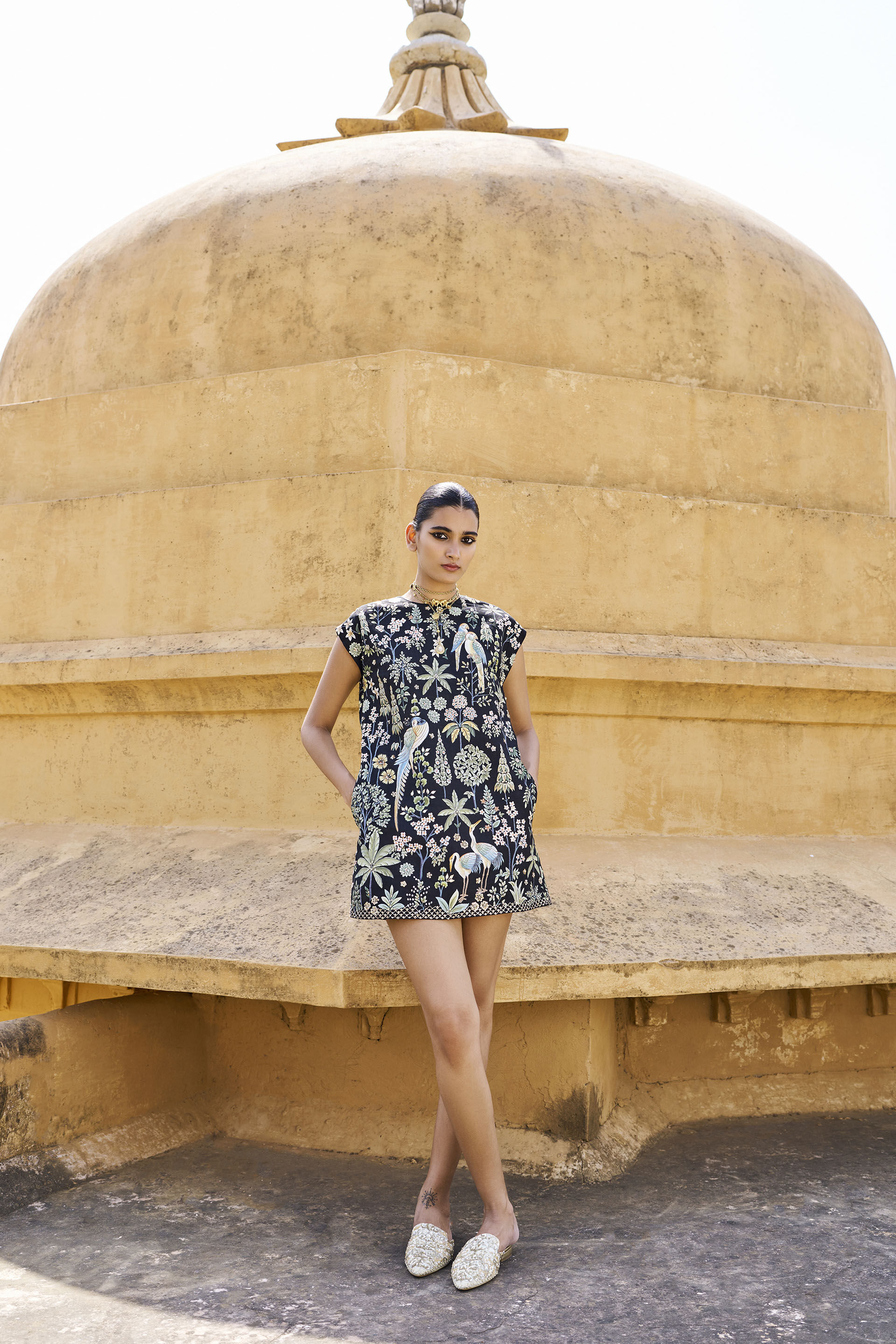 Symphony Of Songbirds Hand-painted Pichhwai Silk Dress - Black, Black, image 1