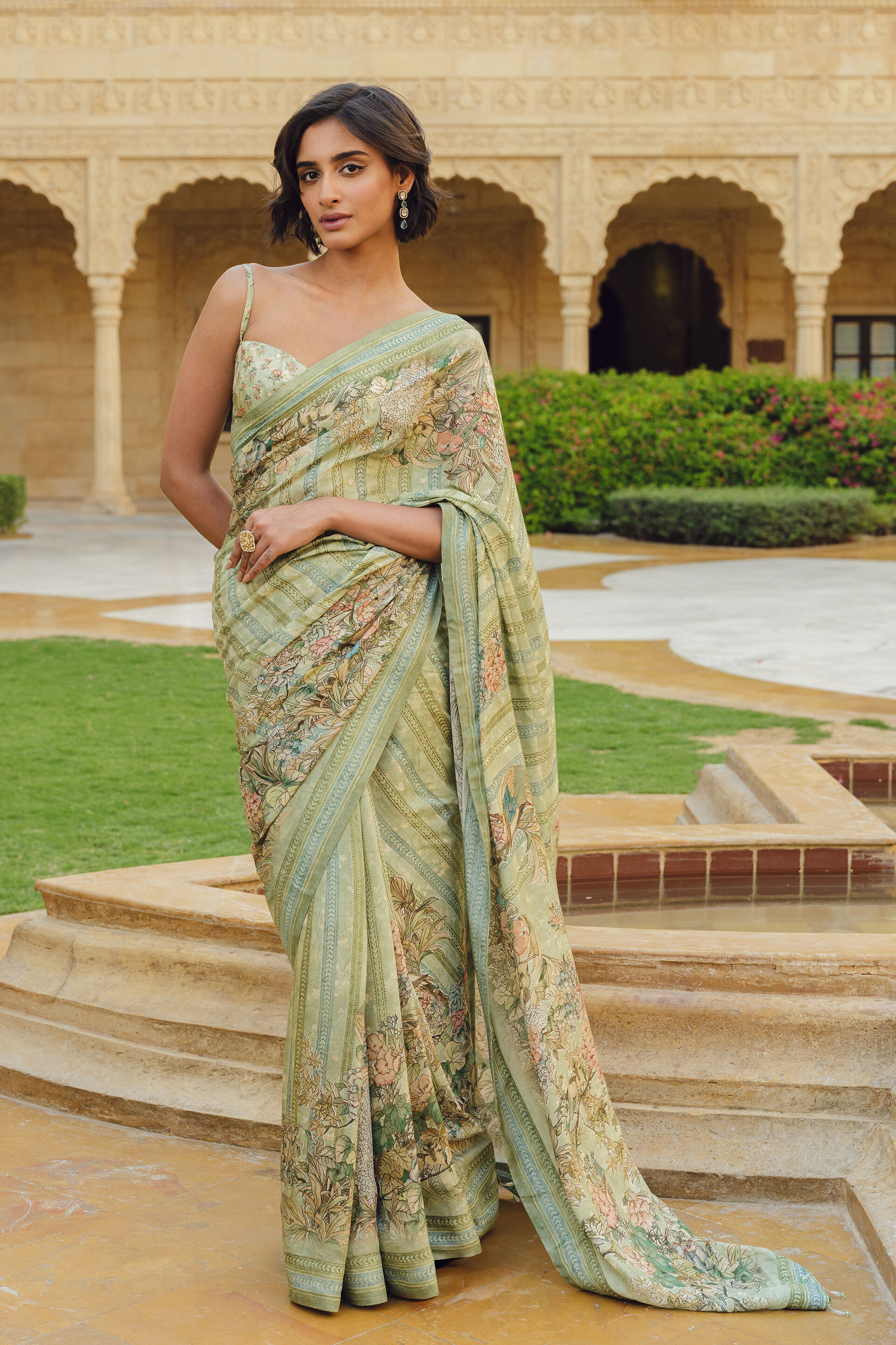 Avonlea Printed Saree - Sage