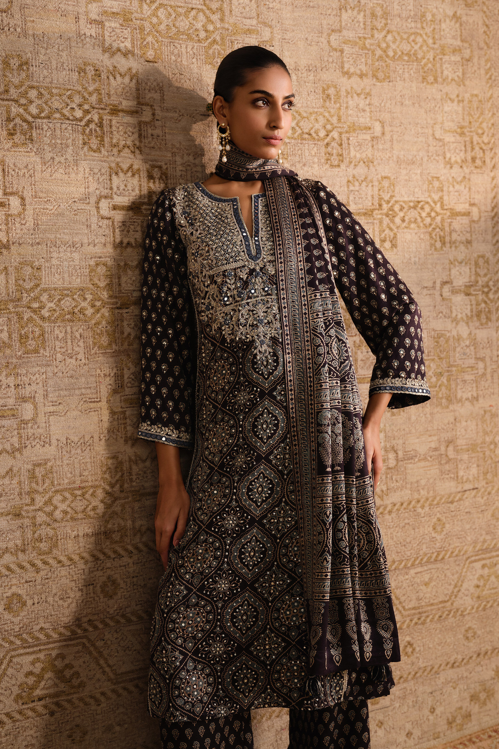 Riyal Ajrakh Hand-block Printed Silk Suit Set - Black, Black, image 4