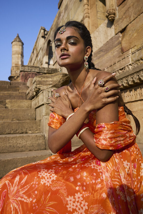 Magic Magpies Lehenga Set - Orange, Orange, image 3