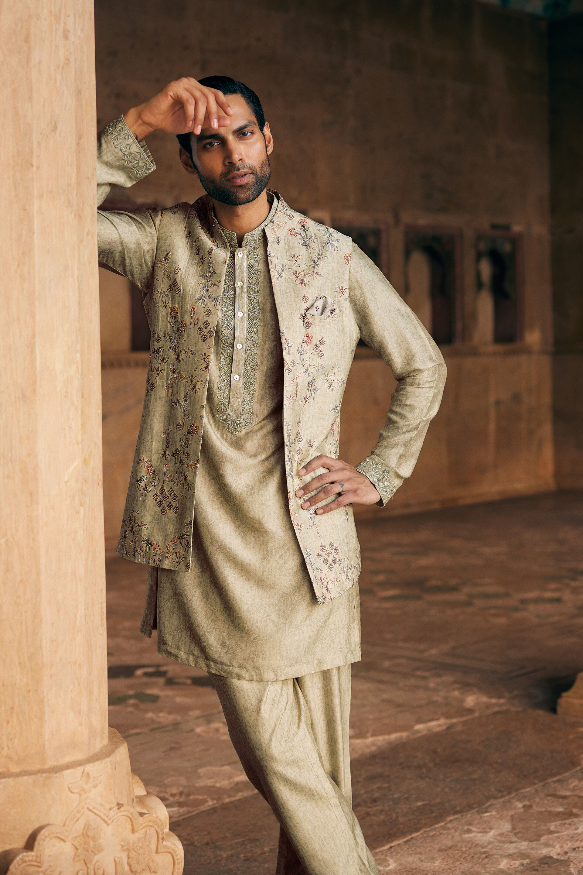 Hemil Printed Silk Nehru Jacket - Sage