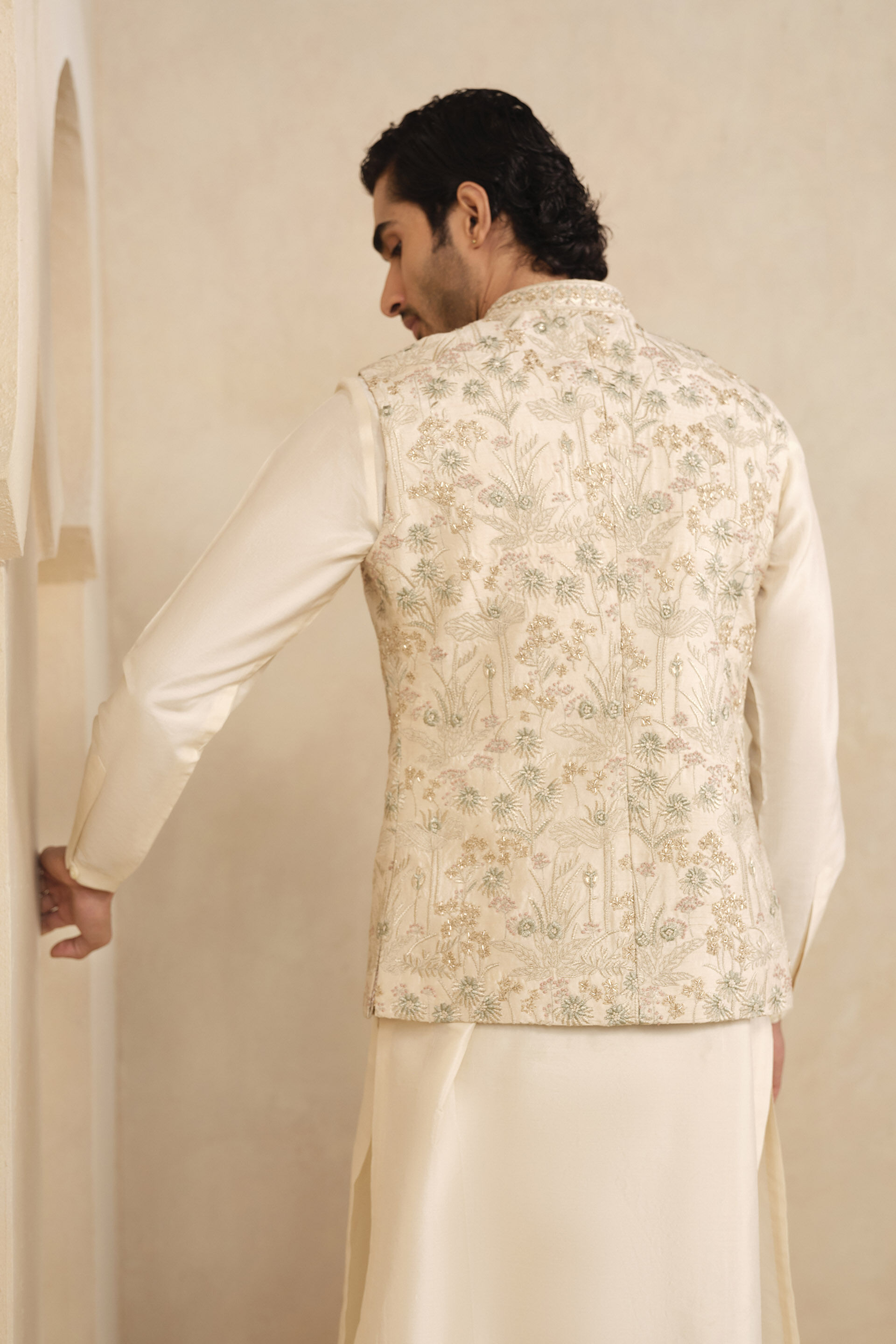 Balfour Embroidered Silk Nehru Jacket - Ivory, Ivory, image 2