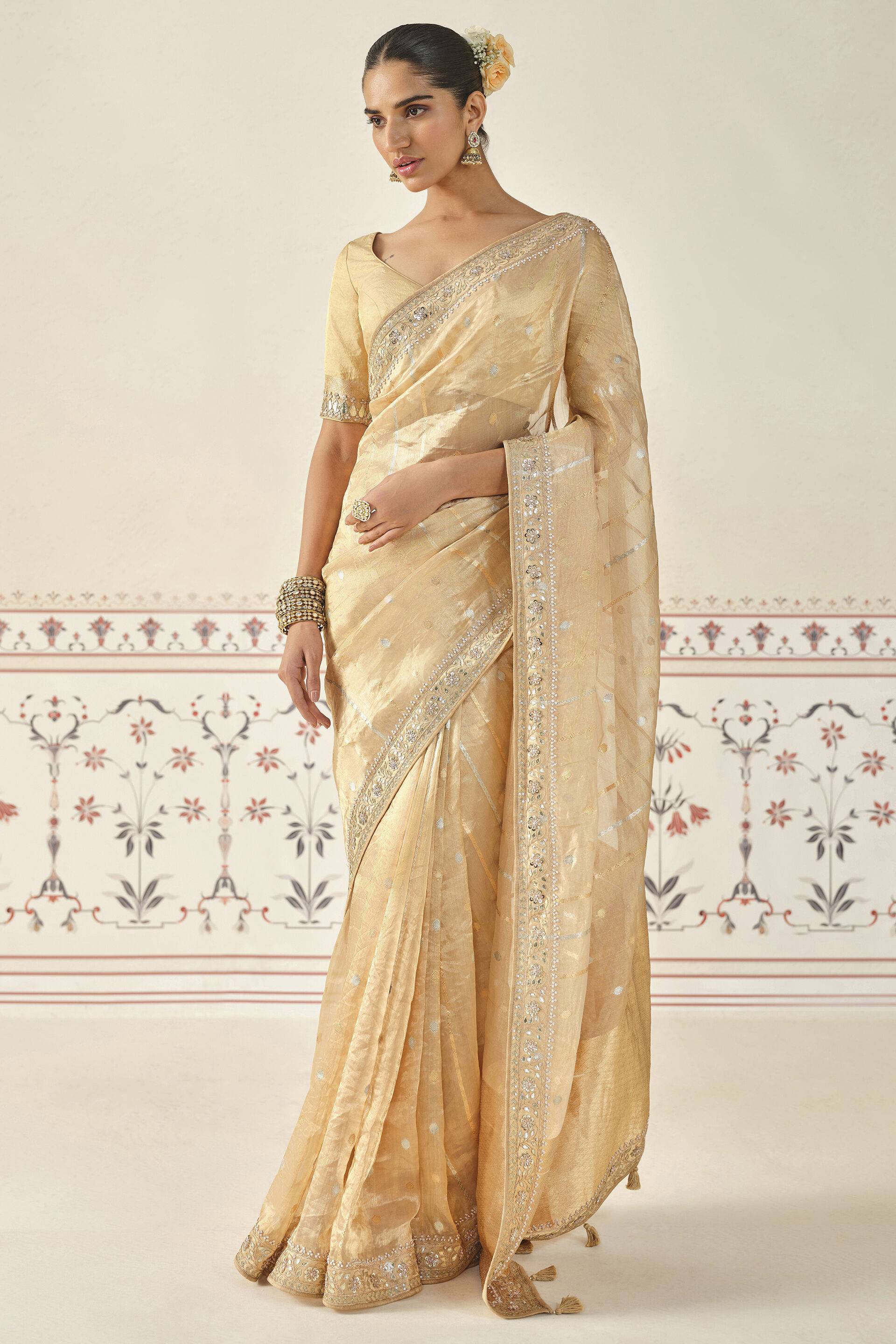Aryahi Handwoven Benarasi Saree Set - Gold, Gold, image 1