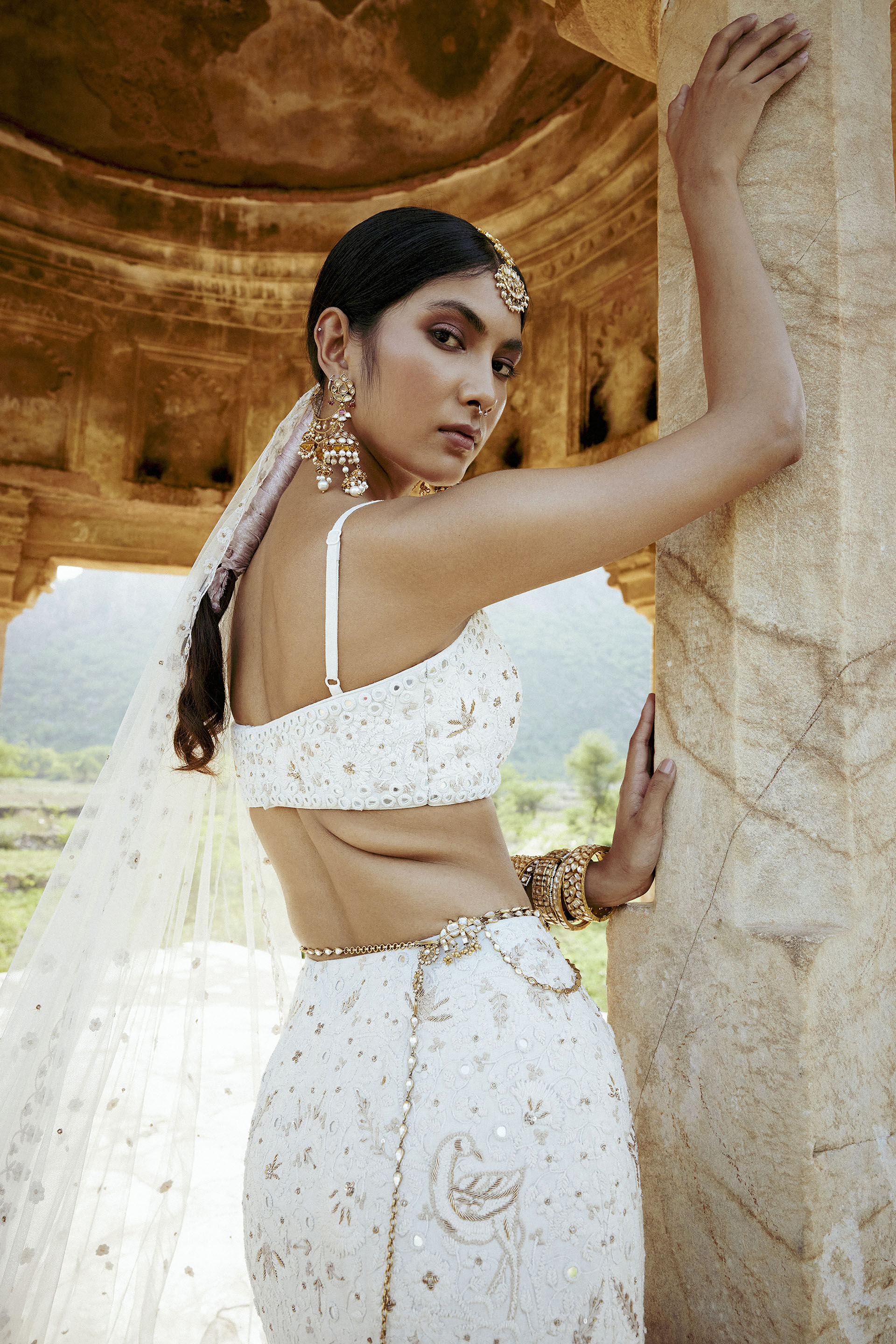 Nayaab Mirror Zardozi Silk Skirt Set Ivory