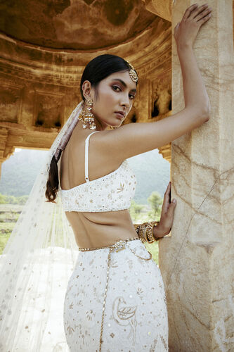 Nayaab Mirror & Zardozi Silk Skirt Set - Ivory, Ivory, image 4