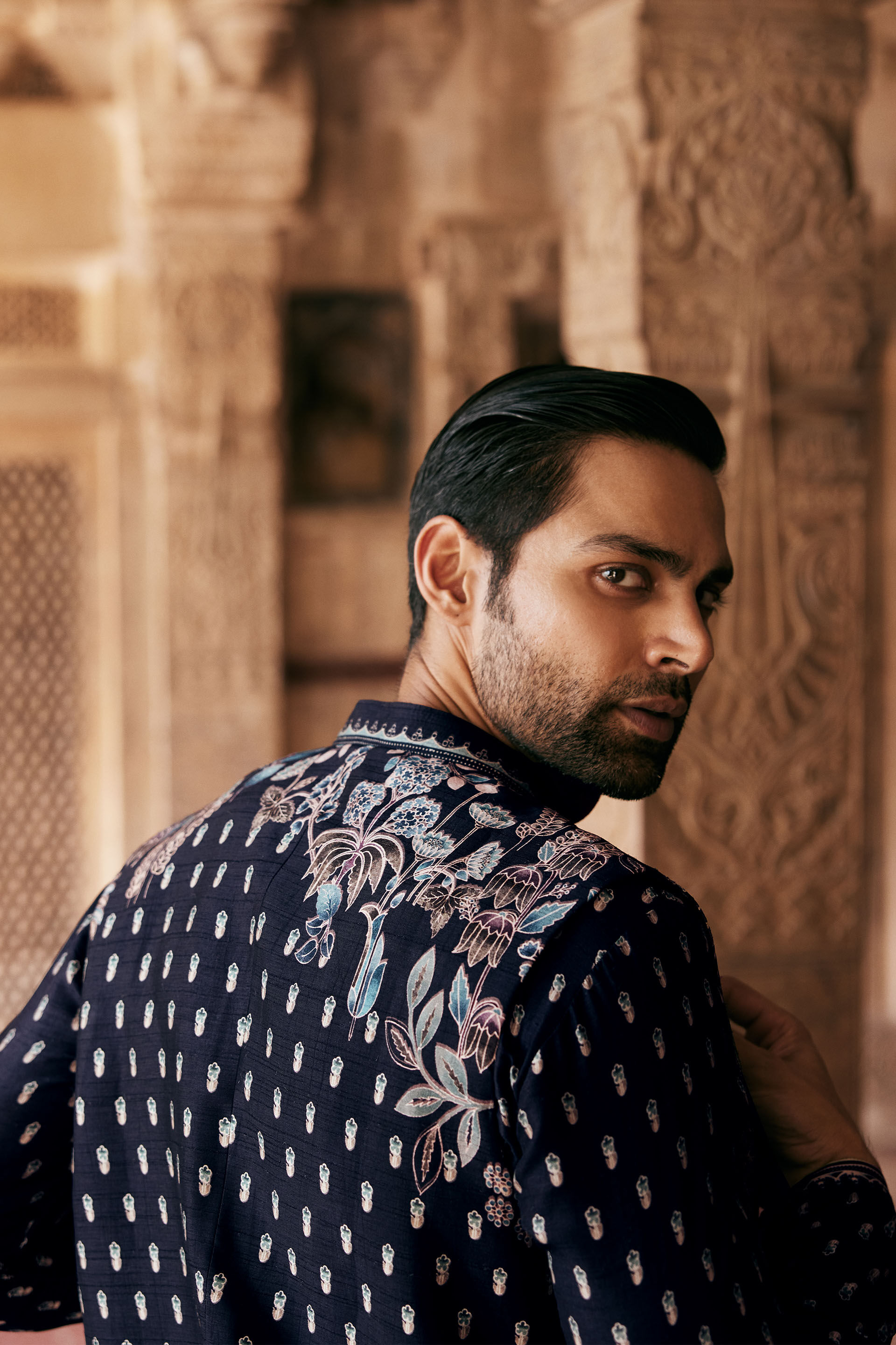 Saamir Printed Silk Nehru Jacket Black