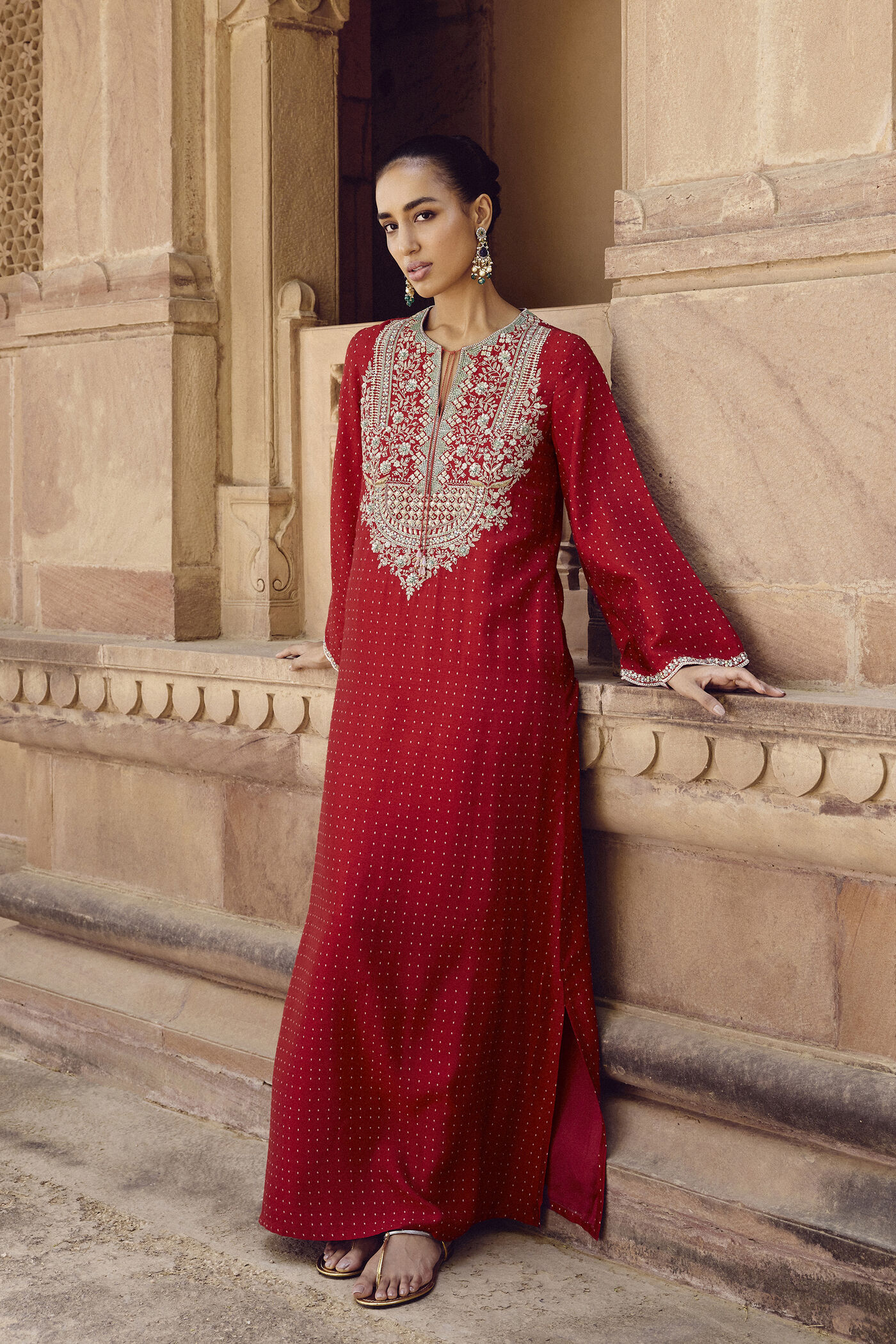Sindhura Embroidered Silk Kaftan - Red Sindhura Embroidered Silk Kaftan - Red