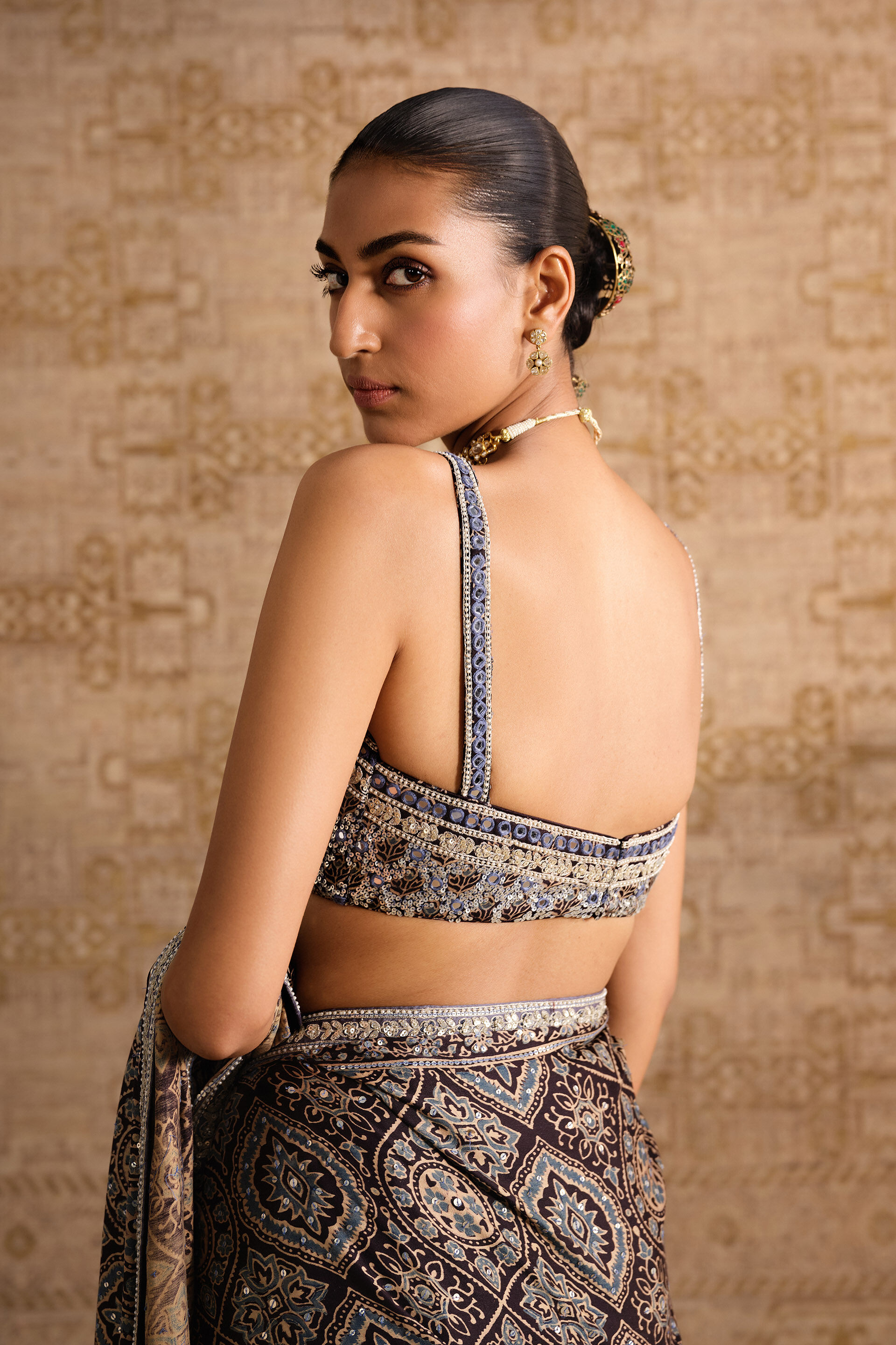 Grisha Embroidered Ajrakh Hand-block Printed Silk Choli - Black