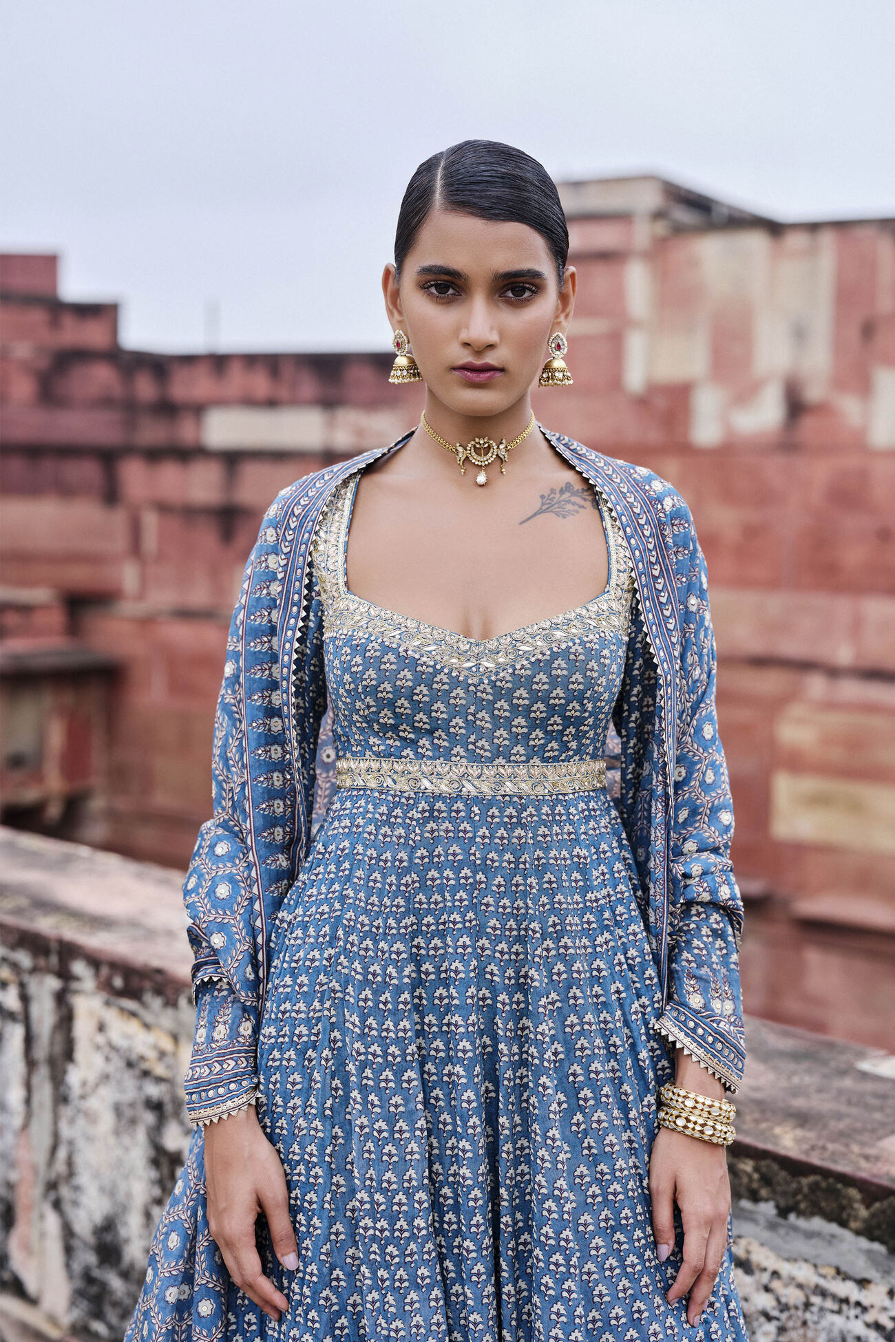 Abjini Printed Mul Anarkali Set - Blue, Blue, image 3