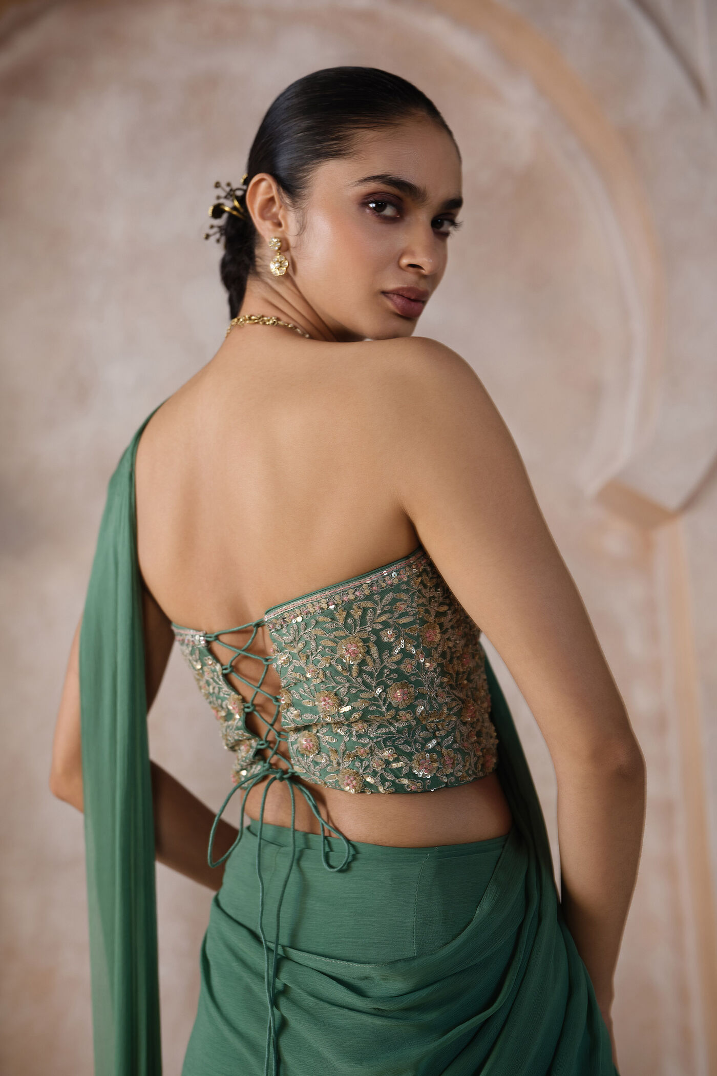 green saree dress design long gown from saree