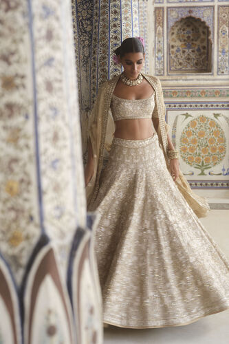 Arisa Embroidered Silk Lehenga Set - Gold, Gold, image 5