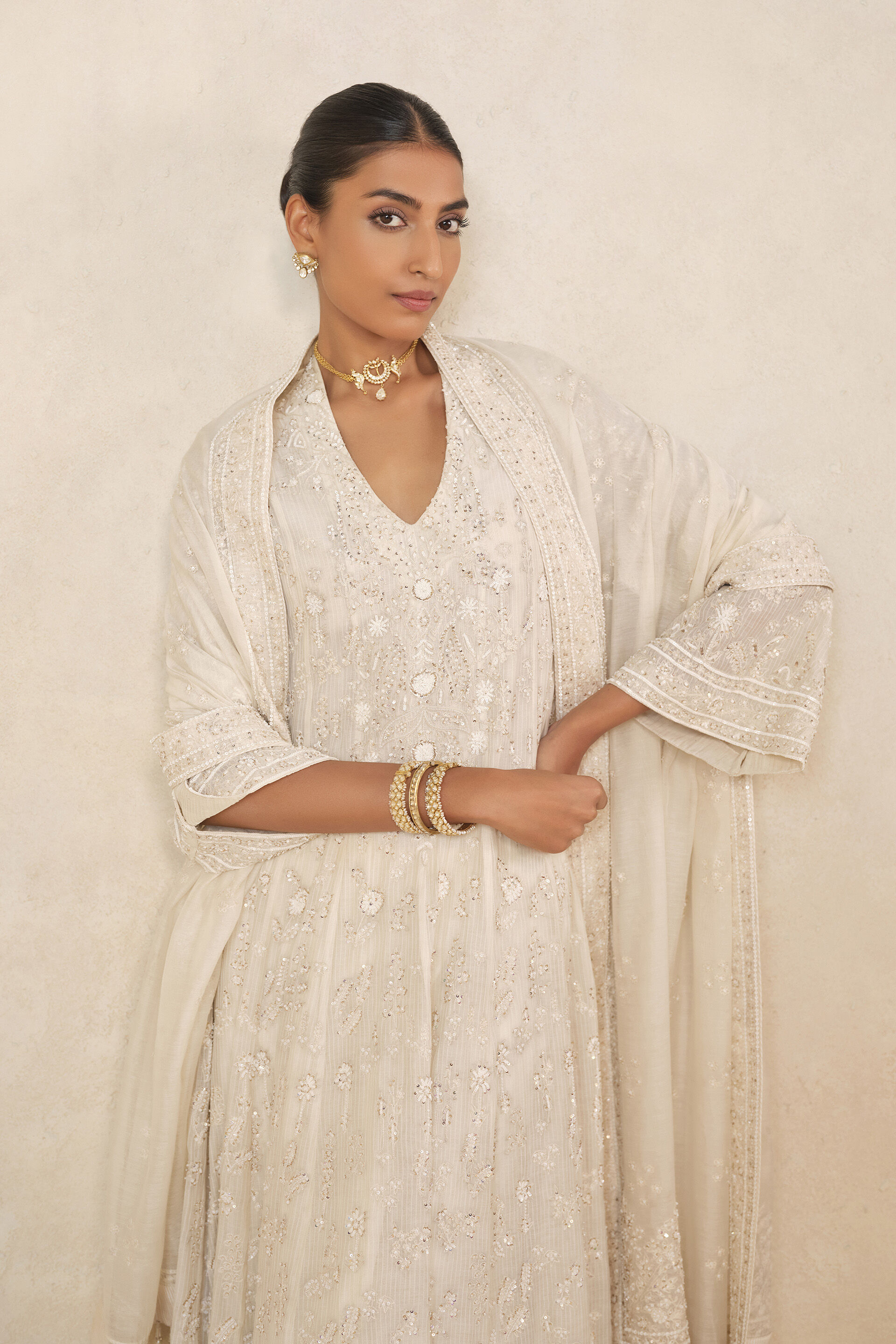 Nour Embroidered Mul Palazzo Set - Ivory, Ivory, image 4